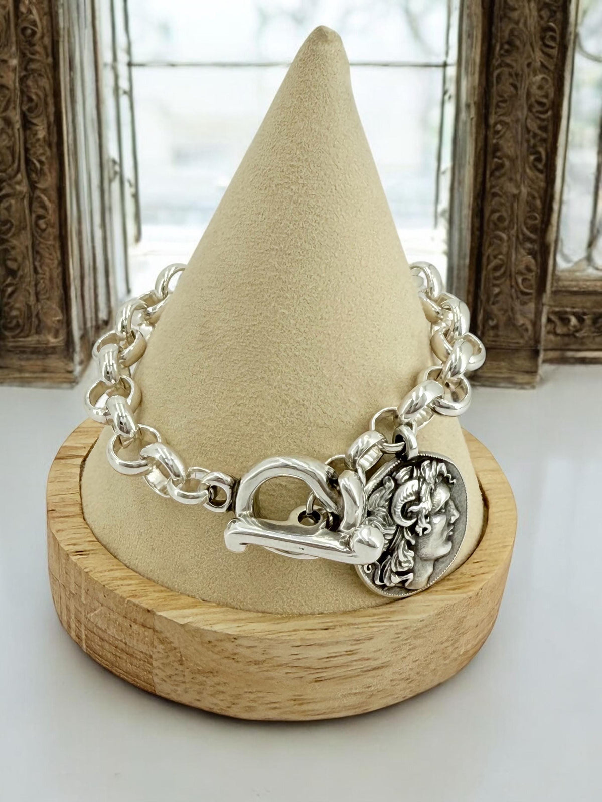 Greek coin pendant chunky chain silver bracelet, Alexander the great coin toggle clasp bracelet