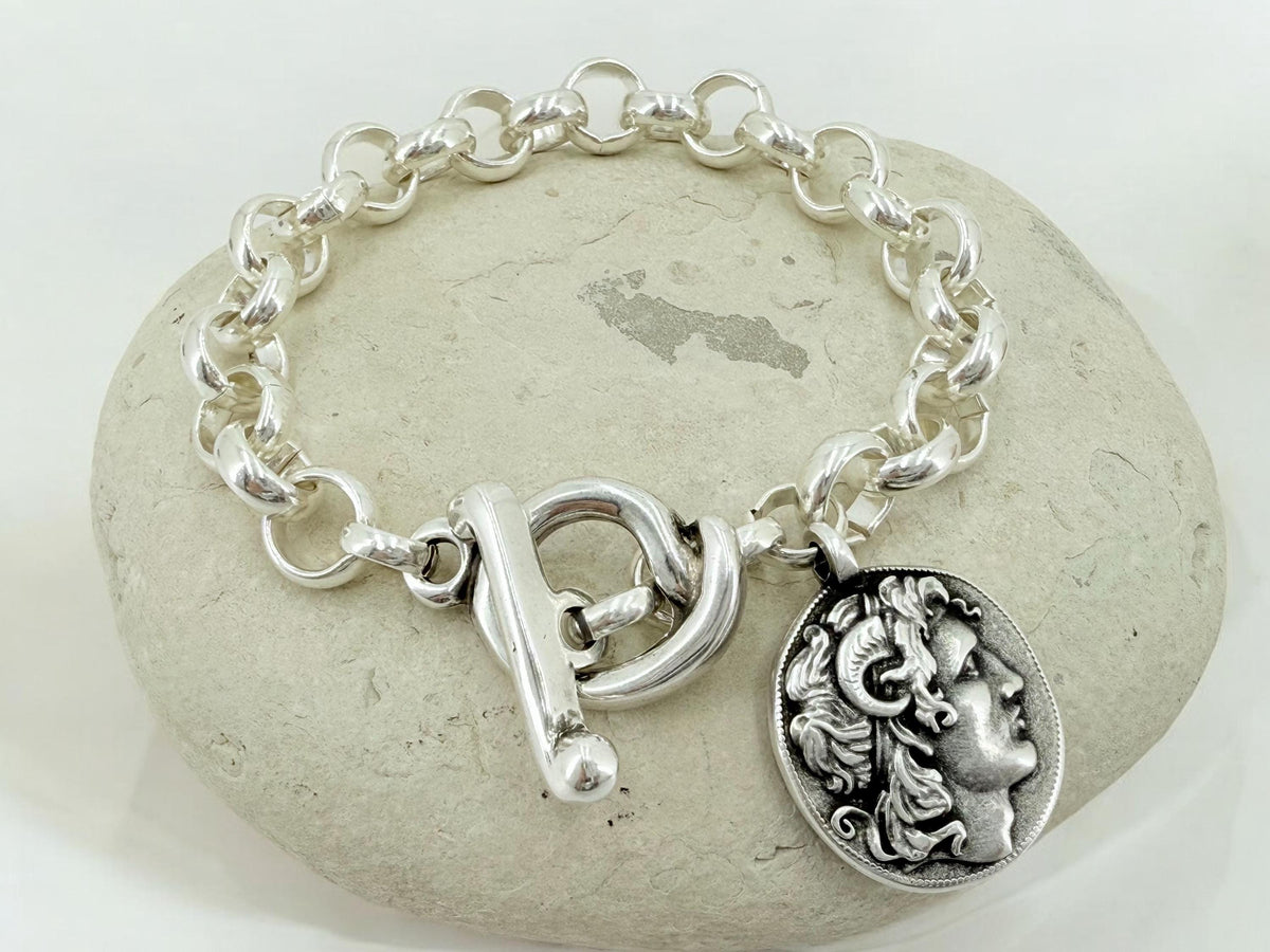 Greek coin pendant chunky chain silver bracelet, Alexander the great coin toggle clasp bracelet
