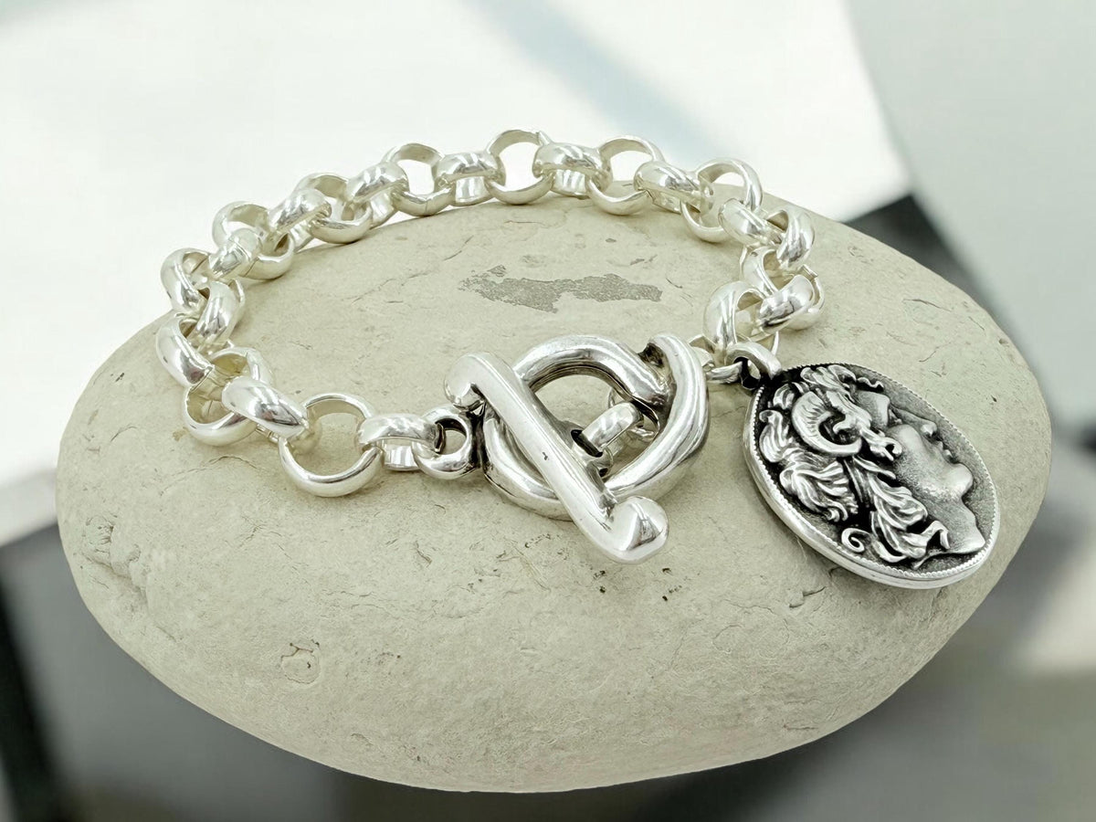 Greek coin pendant chunky chain silver bracelet, Alexander the great coin toggle clasp bracelet