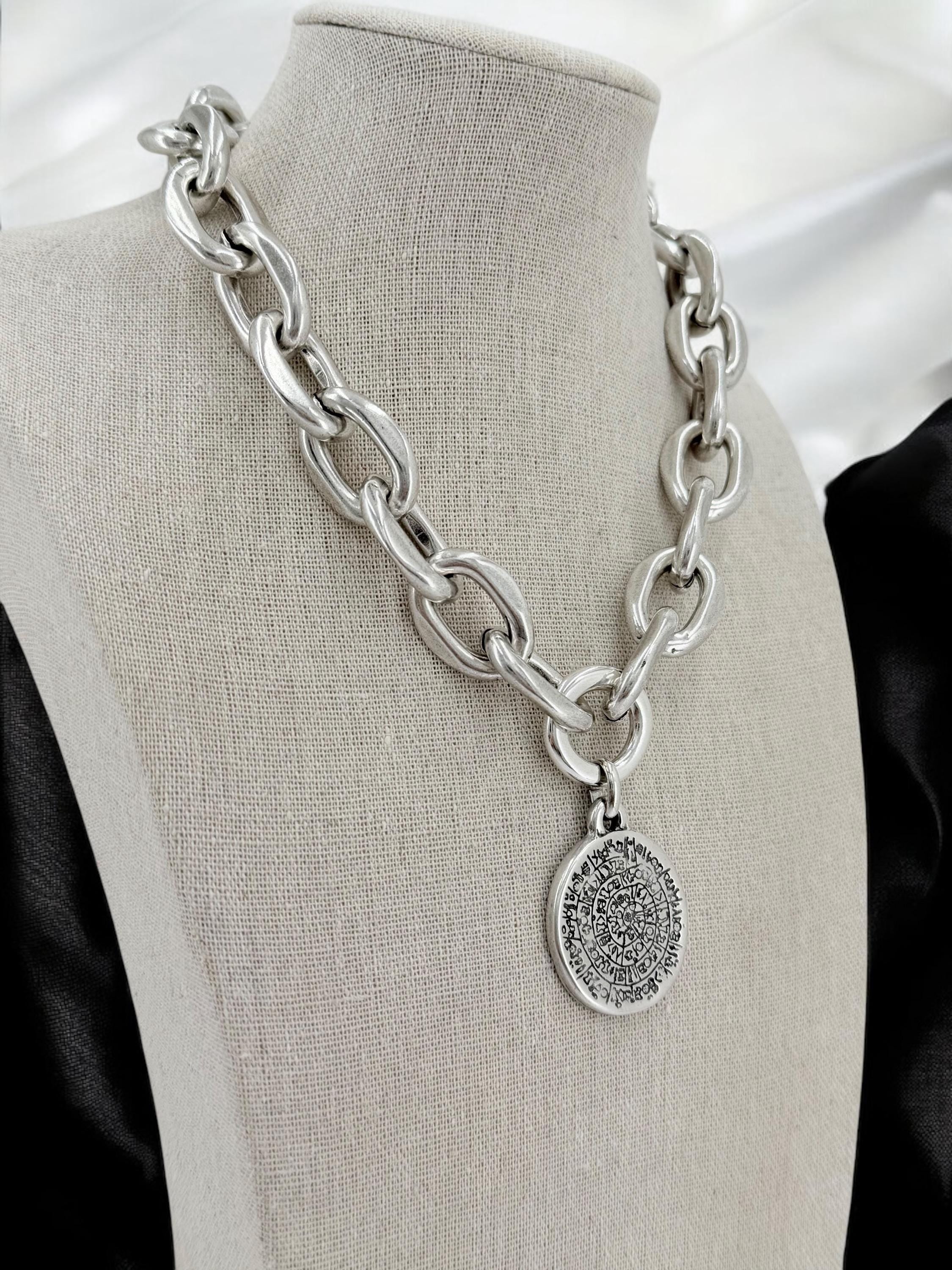Chunky silver chain symbol Coin Pendant Necklace – bold statement choker– customized Jewelry