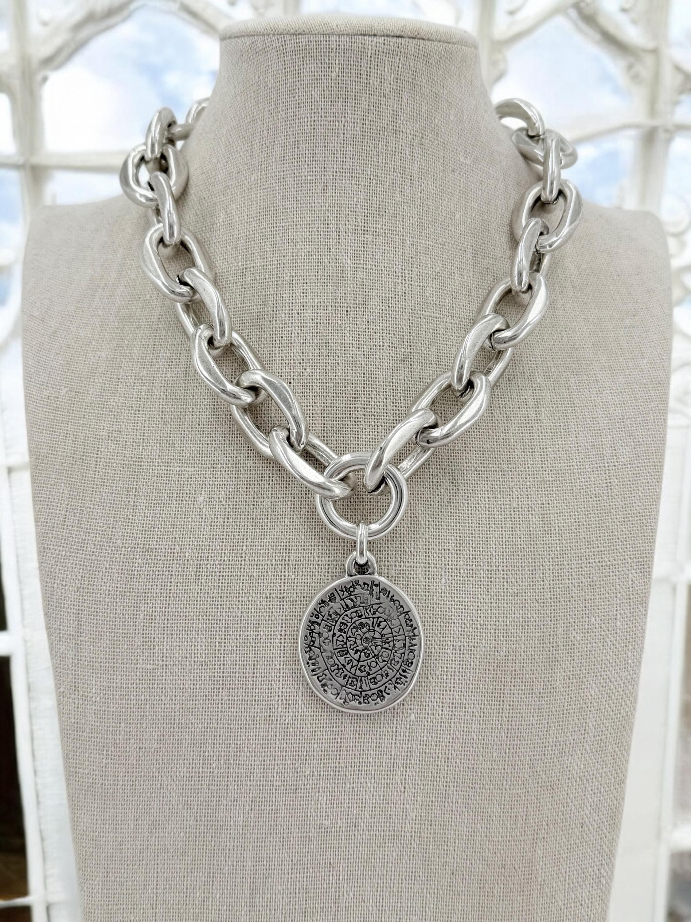Chunky silver chain symbol Coin Pendant Necklace – bold statement choker– customized Jewelry
