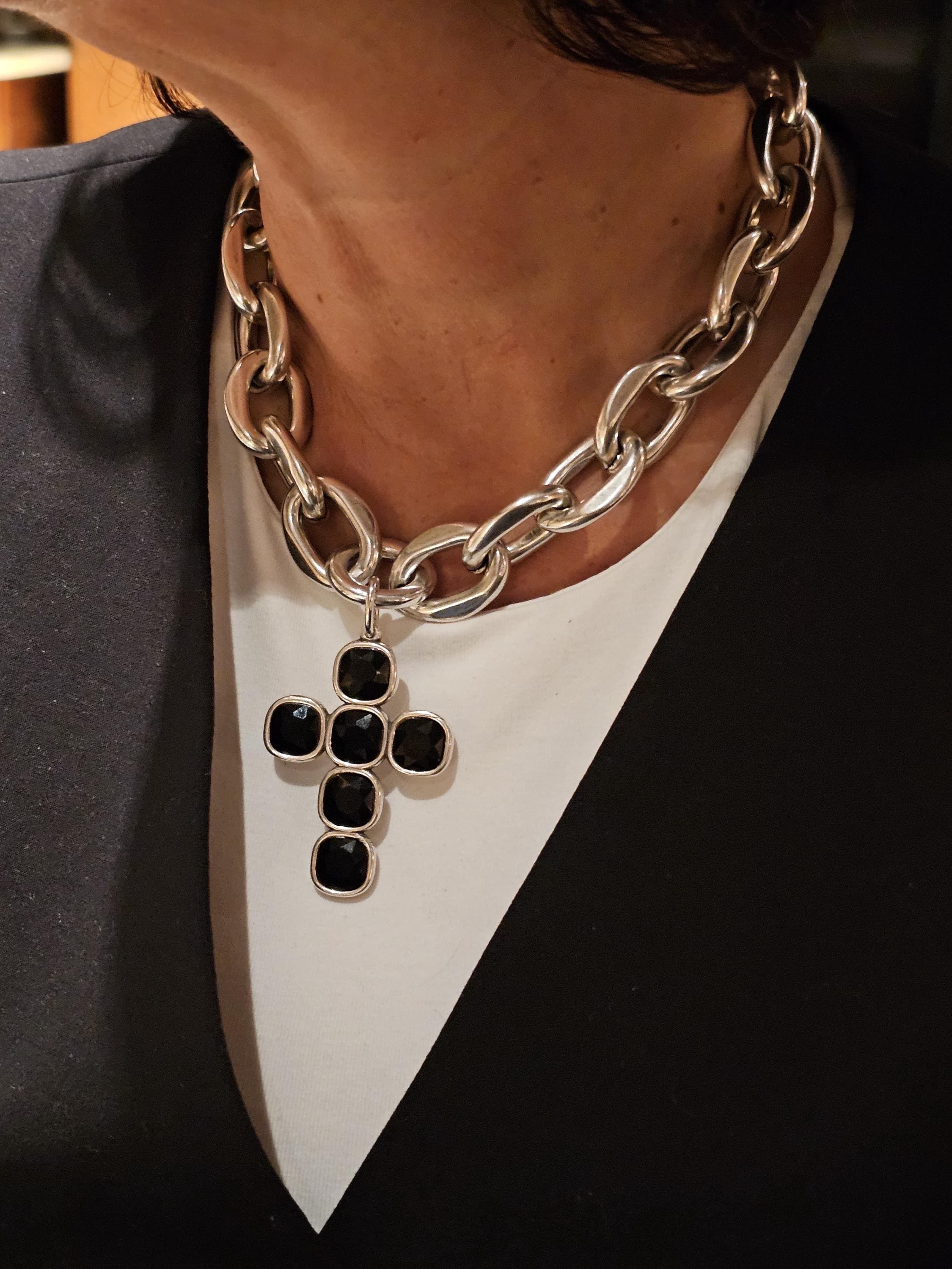 Chunky Silver Chain Lightweight Necklace with Black Swarovski Crystal Cross – Bold rock style Statement Jewelry