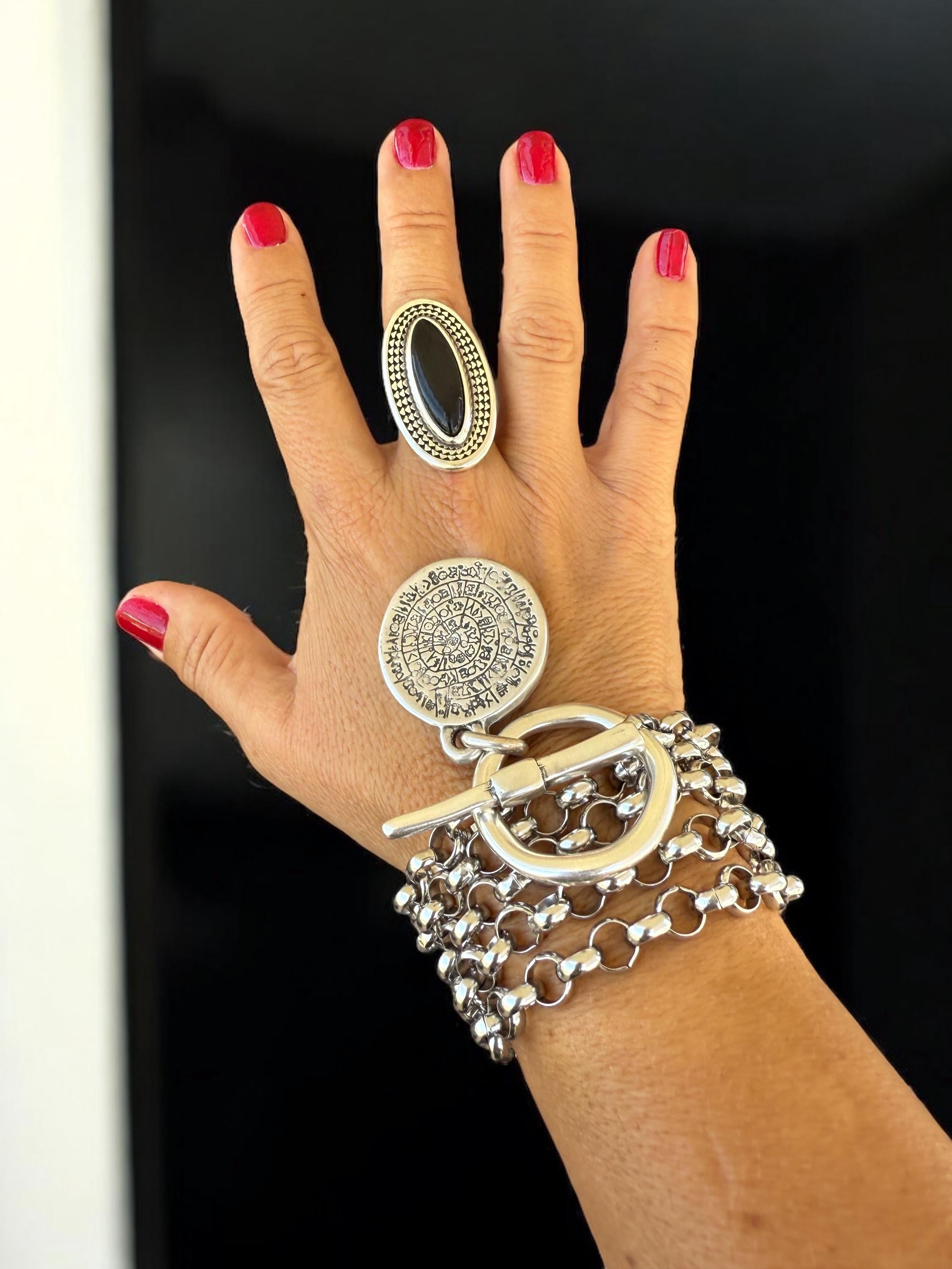 Chunky Oval Silver Ring – Bold Black Crystal Statement Band with Sculpted Texture – Adjustable Oversized Boho Jewelry - gift for her