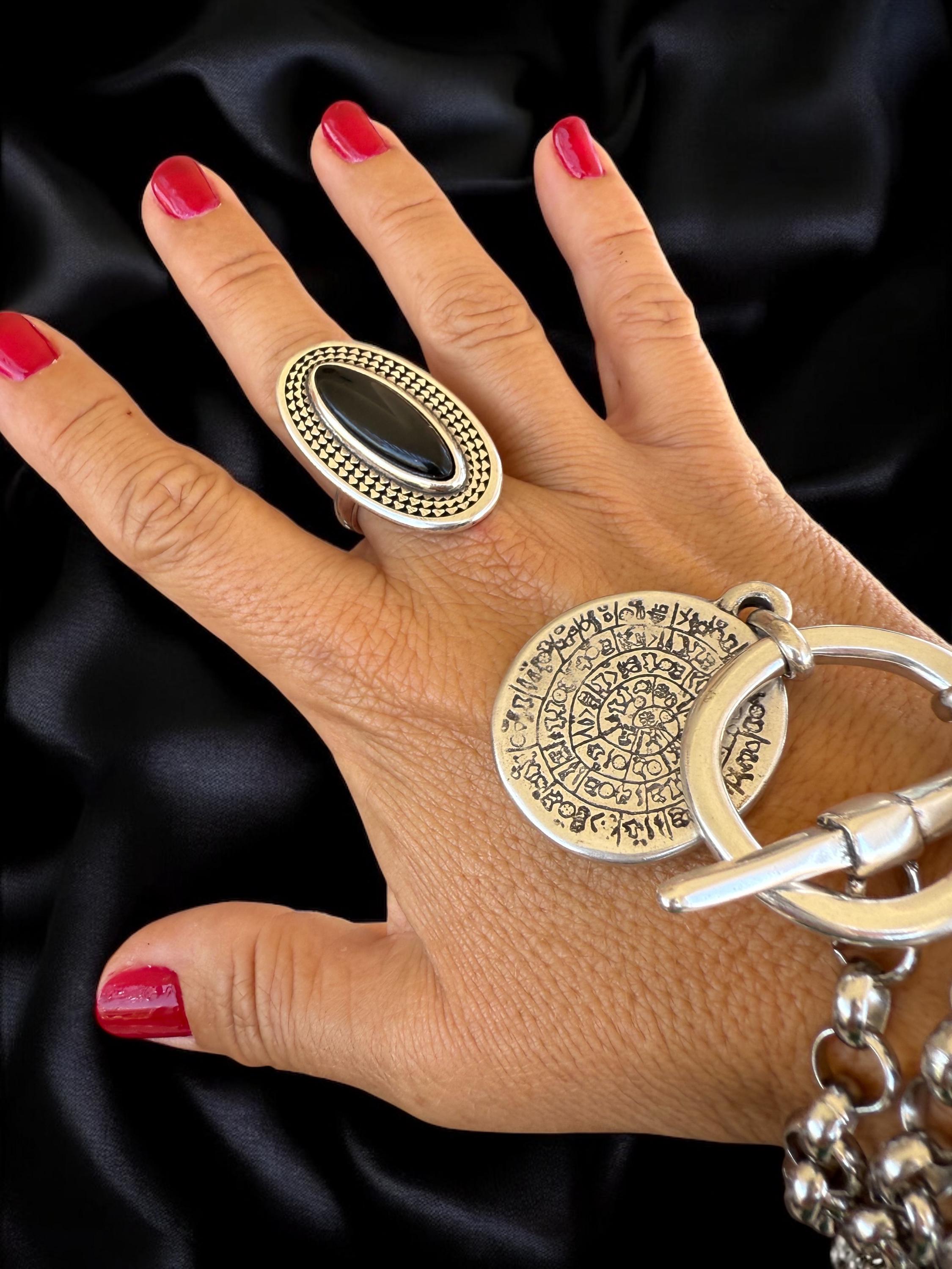 Chunky Oval Silver Ring – Bold Black Crystal Statement Band with Sculpted Texture – Adjustable Oversized Boho Jewelry - gift for her