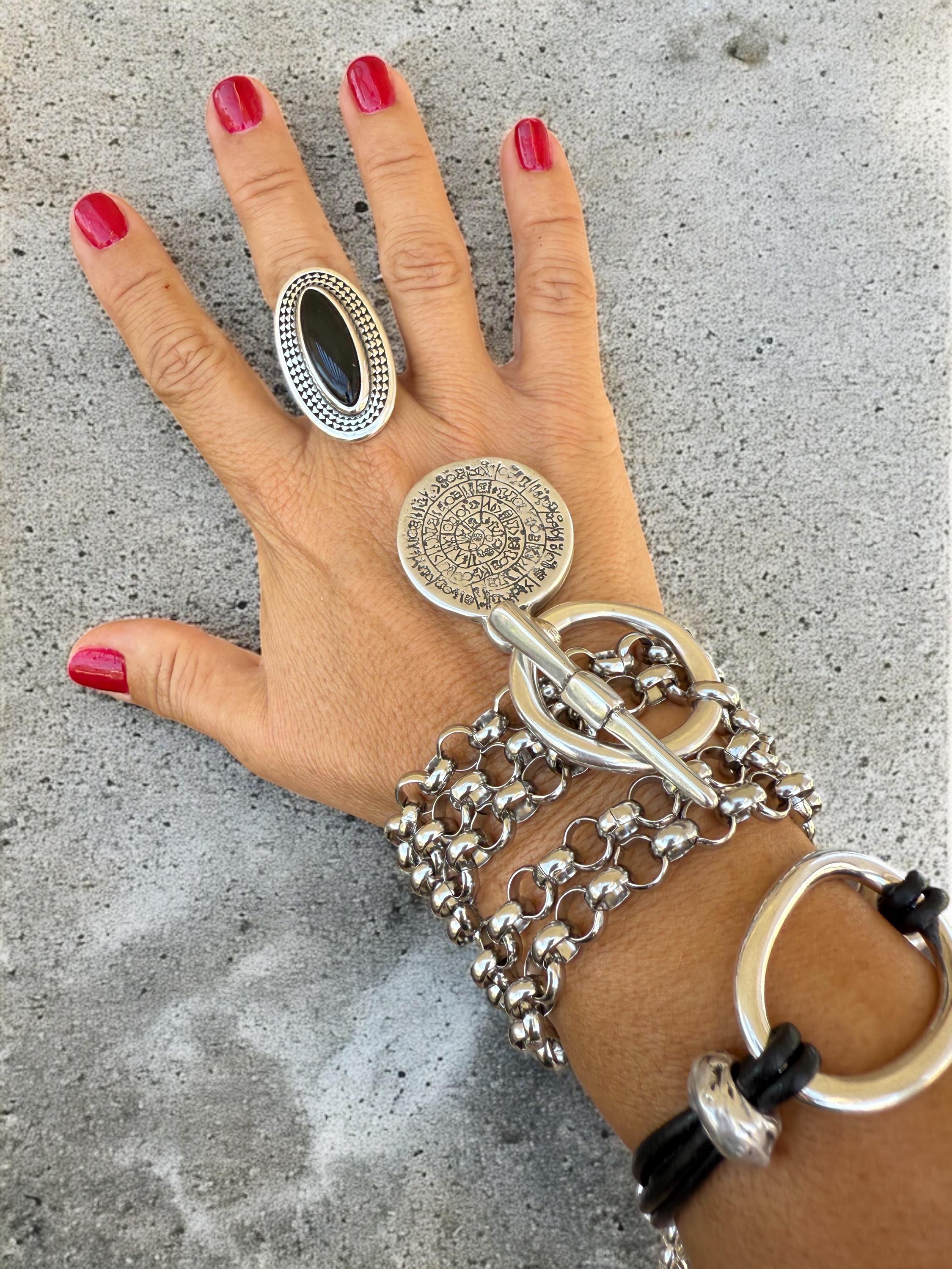 Chunky Oval Silver Ring – Bold Black Crystal Statement Band with Sculpted Texture – Adjustable Oversized Boho Jewelry - gift for her