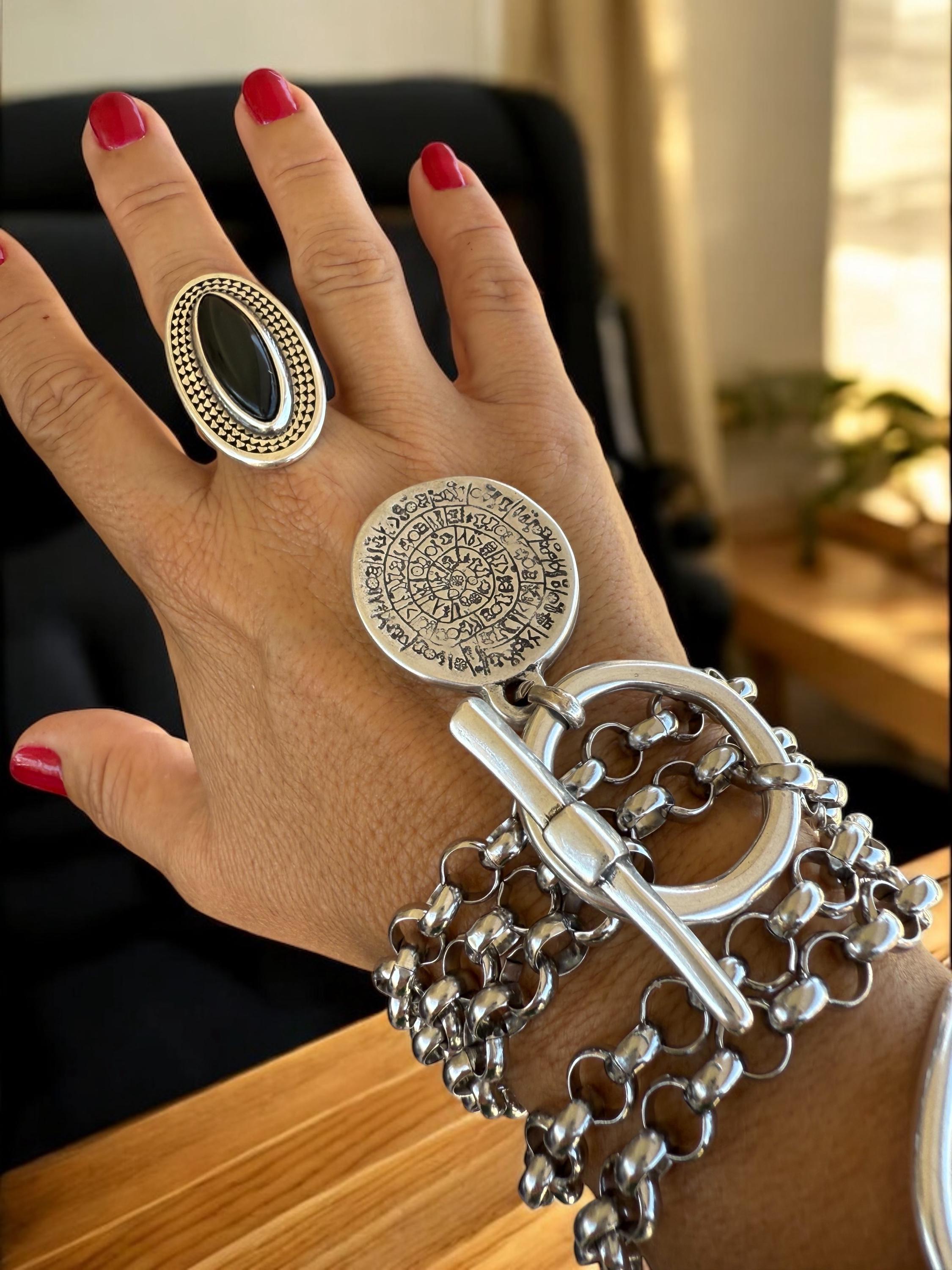 Chunky Oval Silver Ring – Bold Black Crystal Statement Band with Sculpted Texture – Adjustable Oversized Boho Jewelry - gift for her