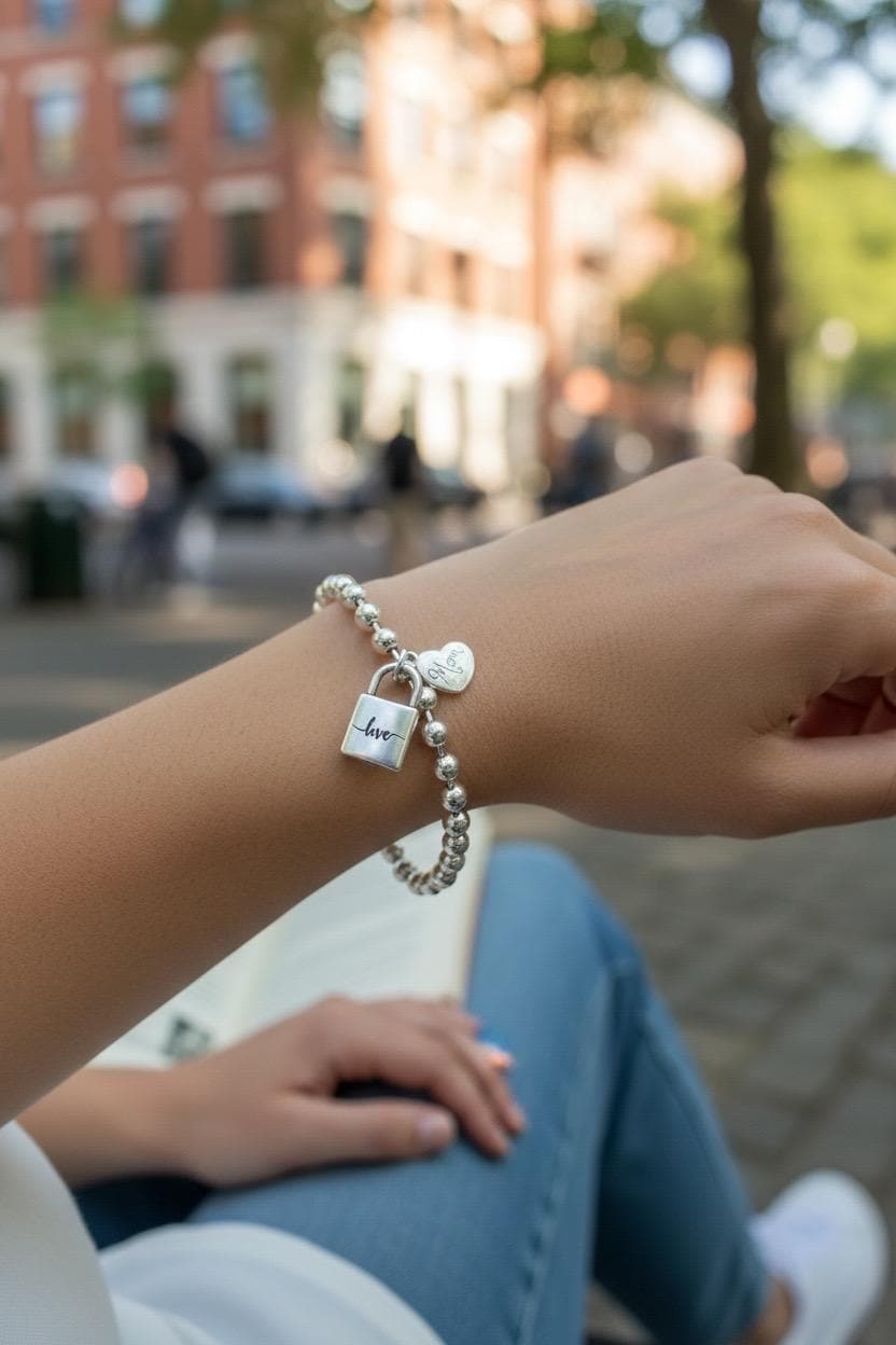 Silver balls chain heart and padlock charm bracelet, mom gift