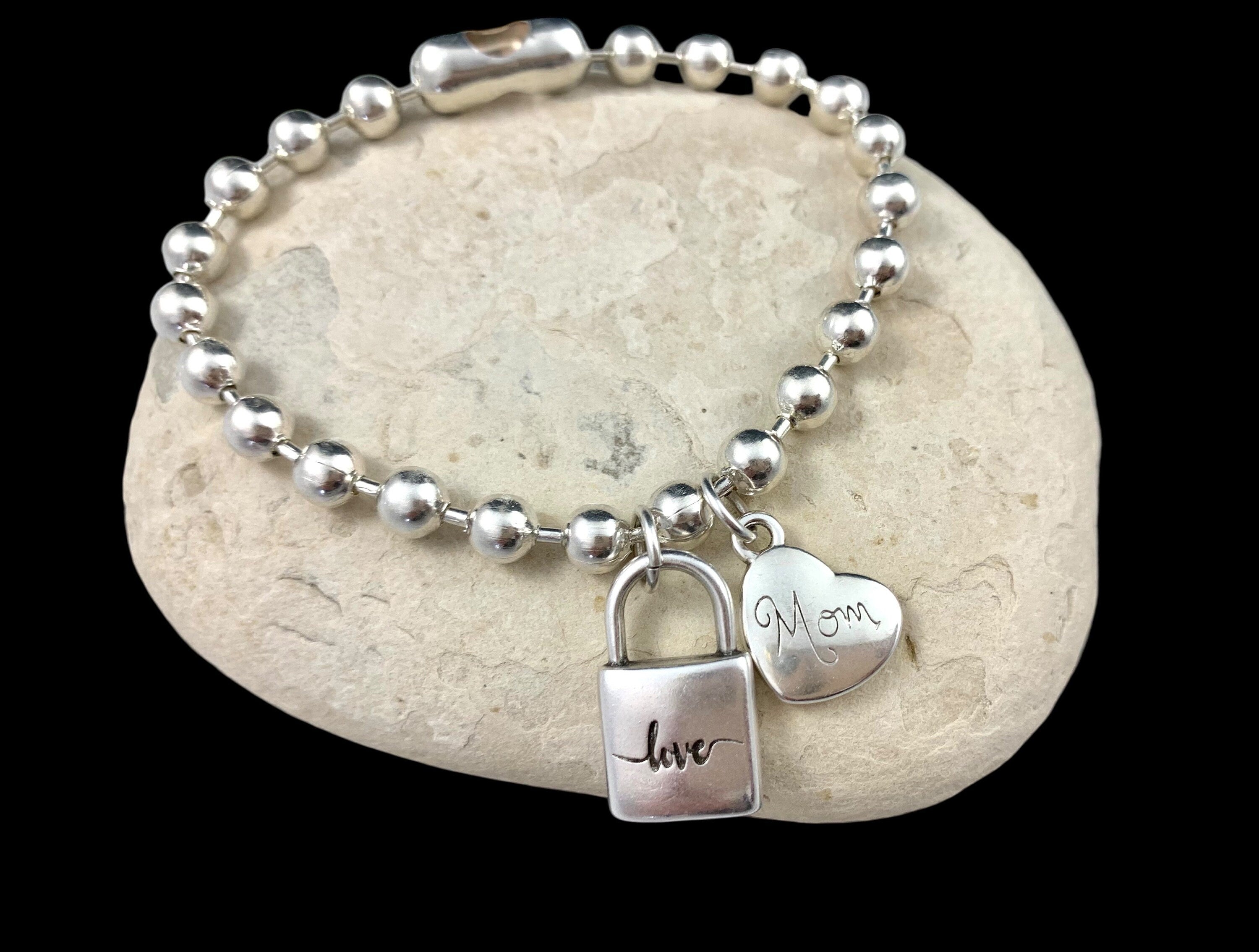Silver balls chain heart and padlock charm bracelet, mom gift