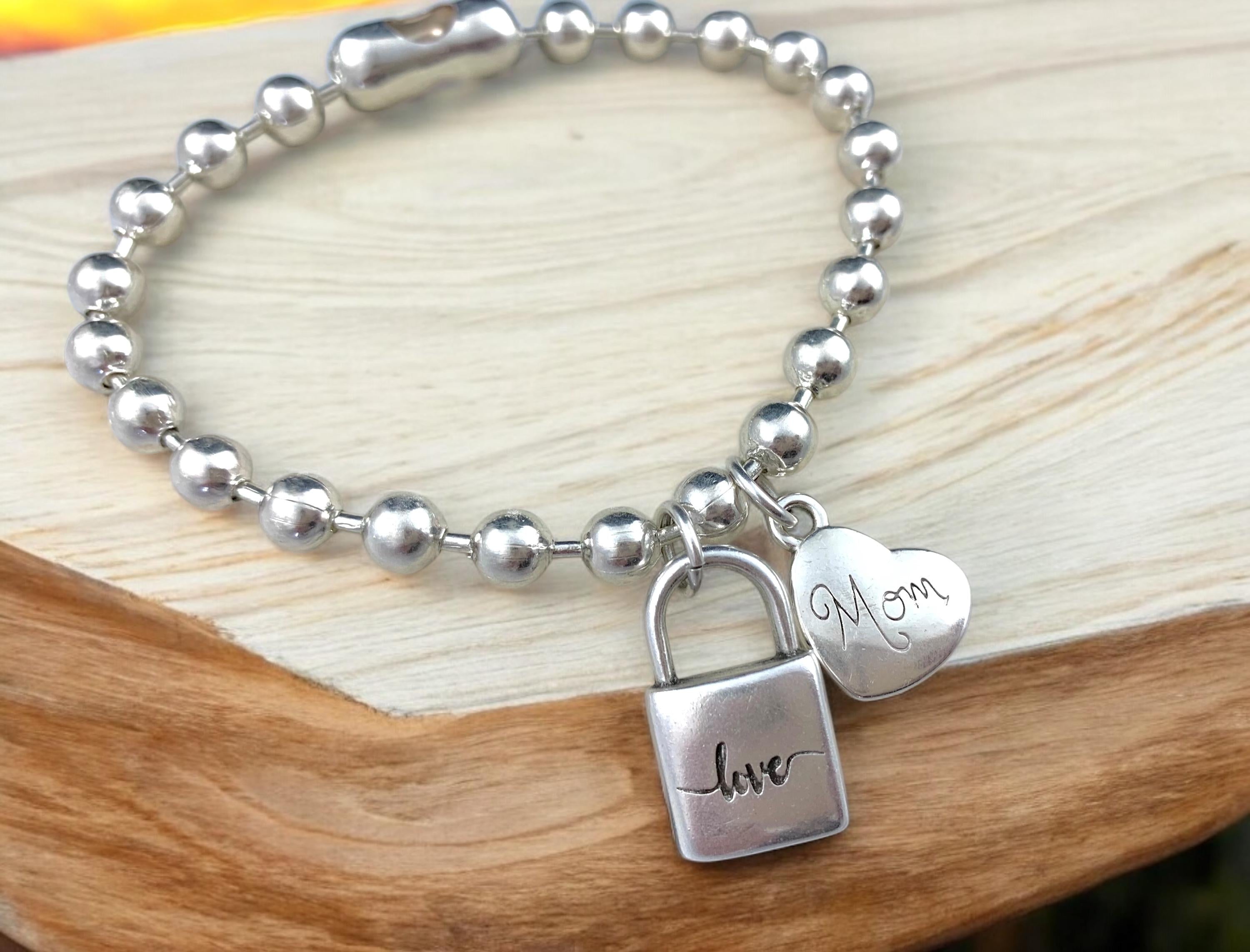 Silver balls chain heart and padlock charm bracelet, mom gift