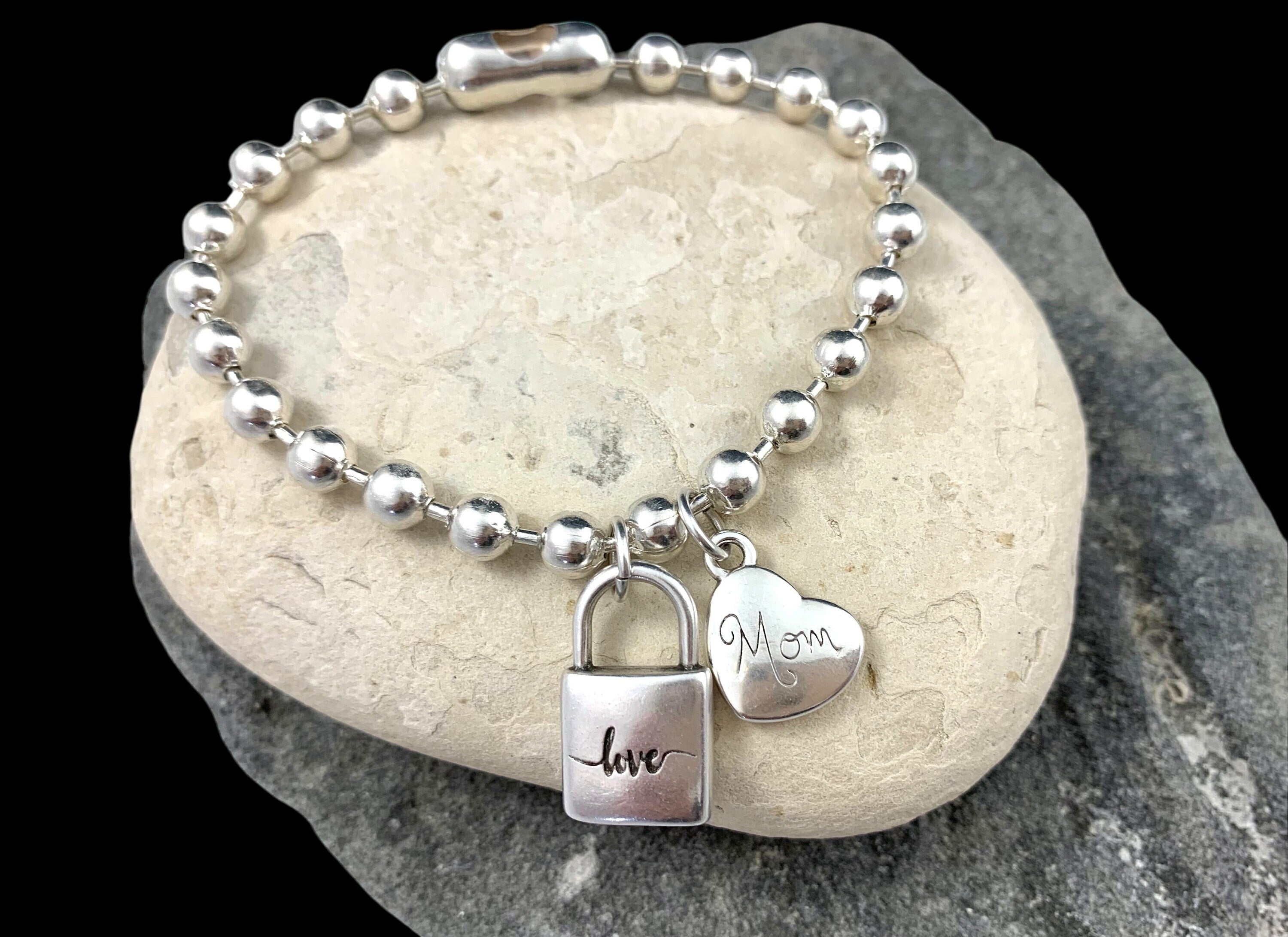 Silver balls chain heart and padlock charm bracelet, mom gift