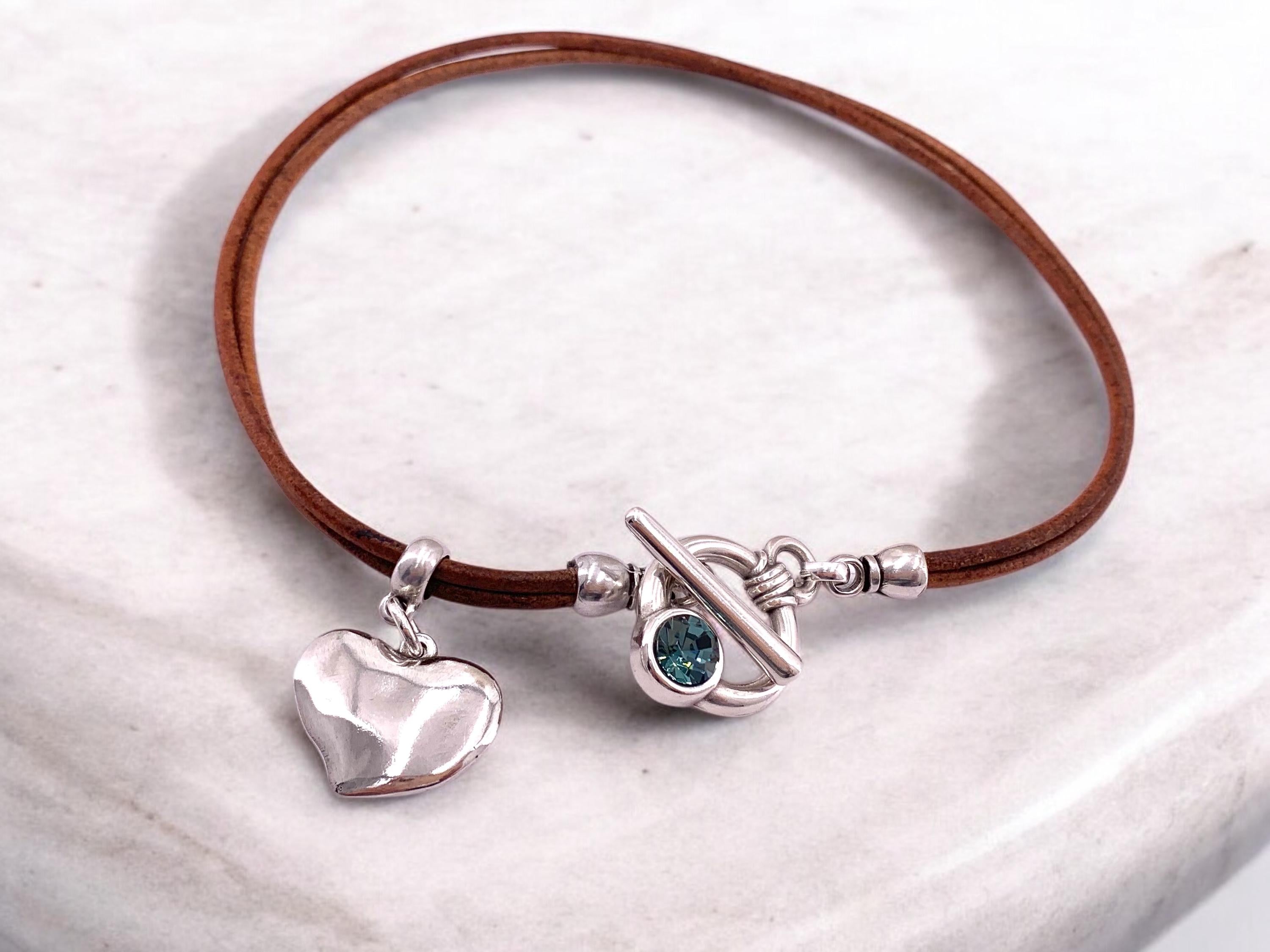 Boho Leather Heart Choker with silver Toggle Clasp & Swarovski Crystal, Custom-Fit handmade Jewelry -
