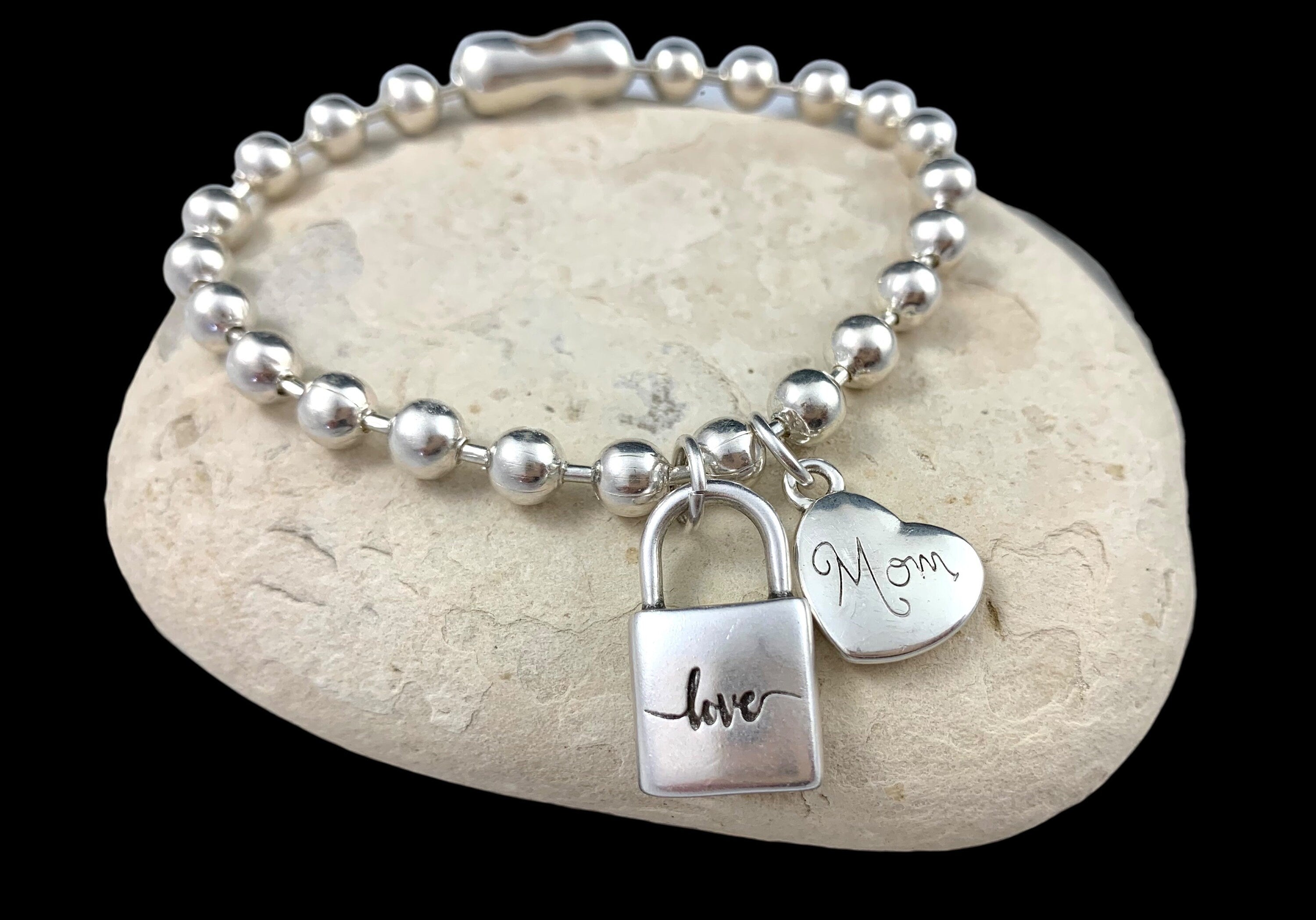 Silver balls chain heart and padlock charm bracelet, mom gift