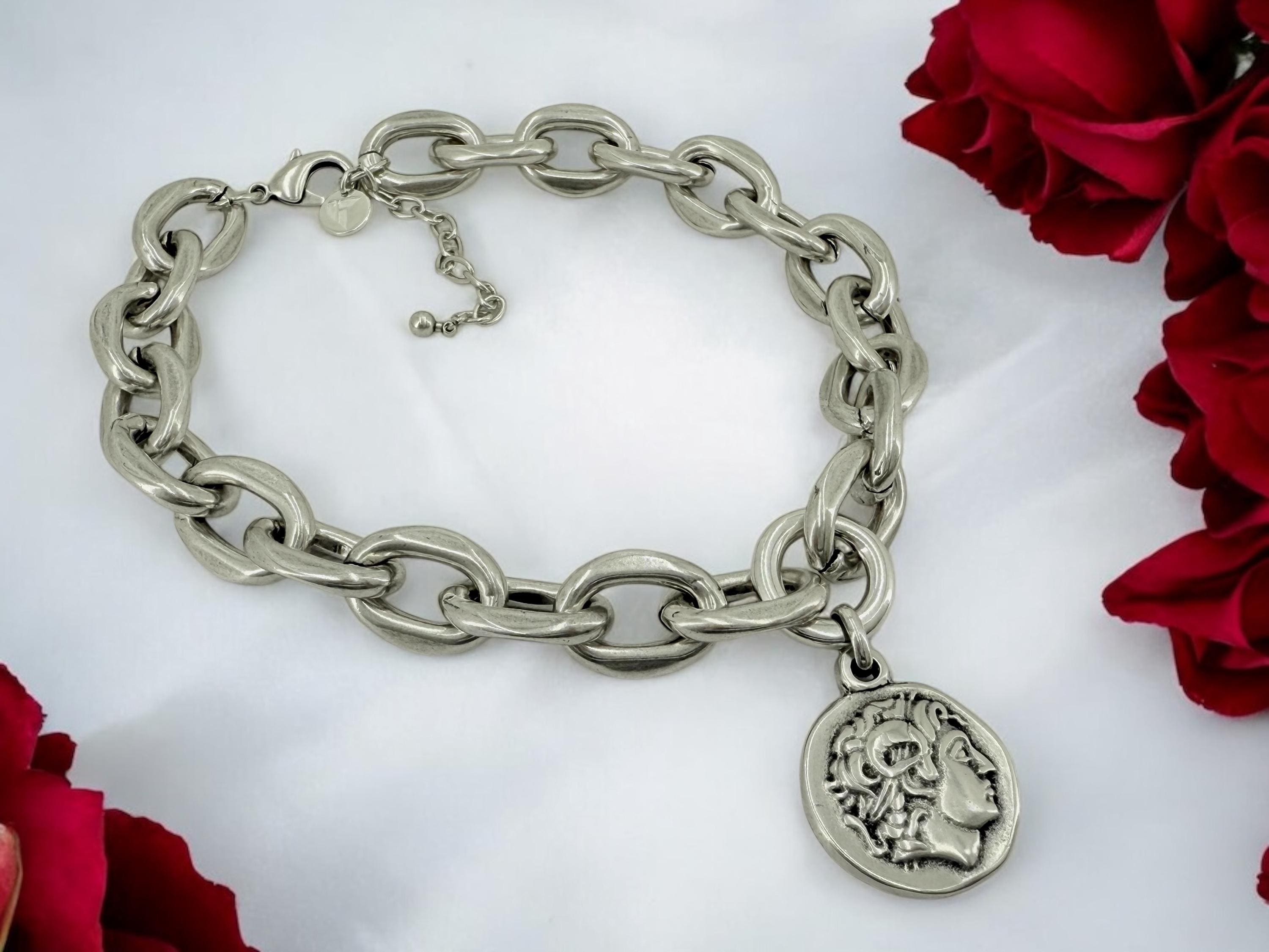 Chunky Silver Chain Necklace with statement Coin Pendant - lightweight edgy design