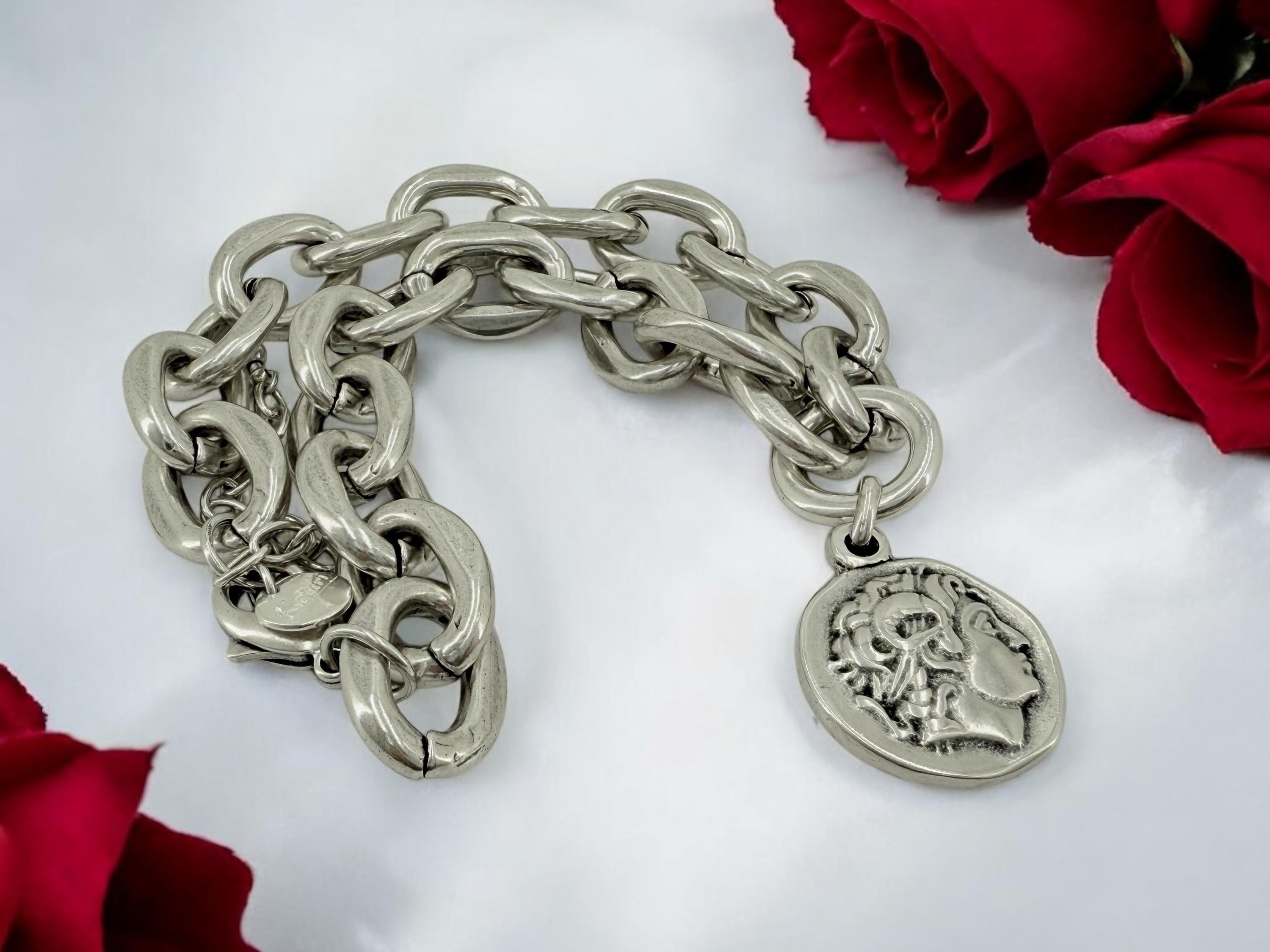 Chunky Silver Chain Necklace with statement Coin Pendant - lightweight edgy design