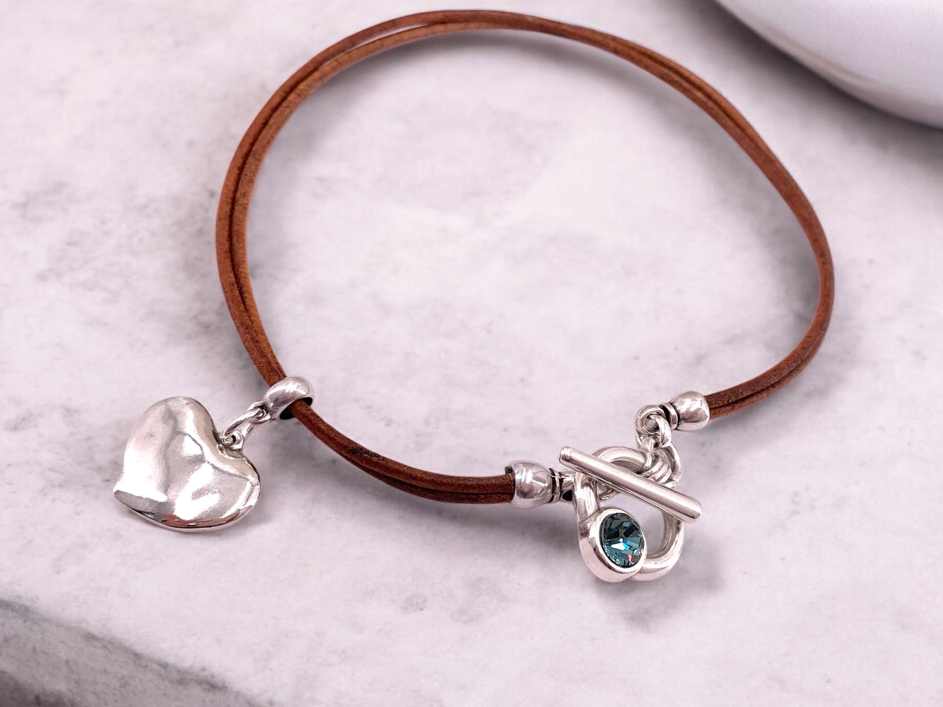 Boho Leather Heart Choker with silver Toggle Clasp & Swarovski Crystal, Custom-Fit handmade Jewelry -