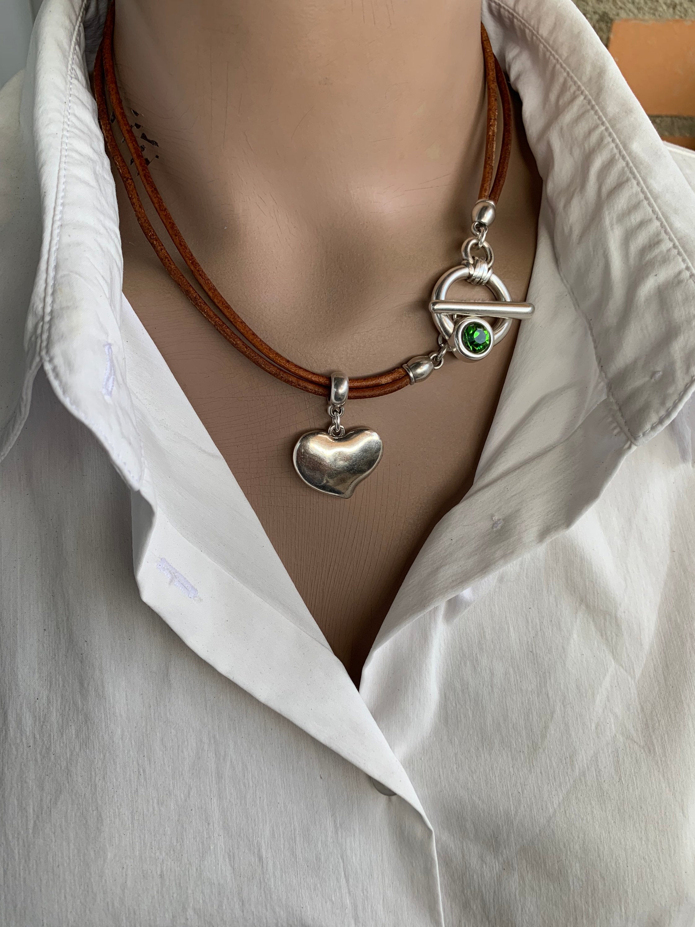 Boho Leather Heart Choker with silver Toggle Clasp & Swarovski Crystal, Custom-Fit handmade Jewelry -