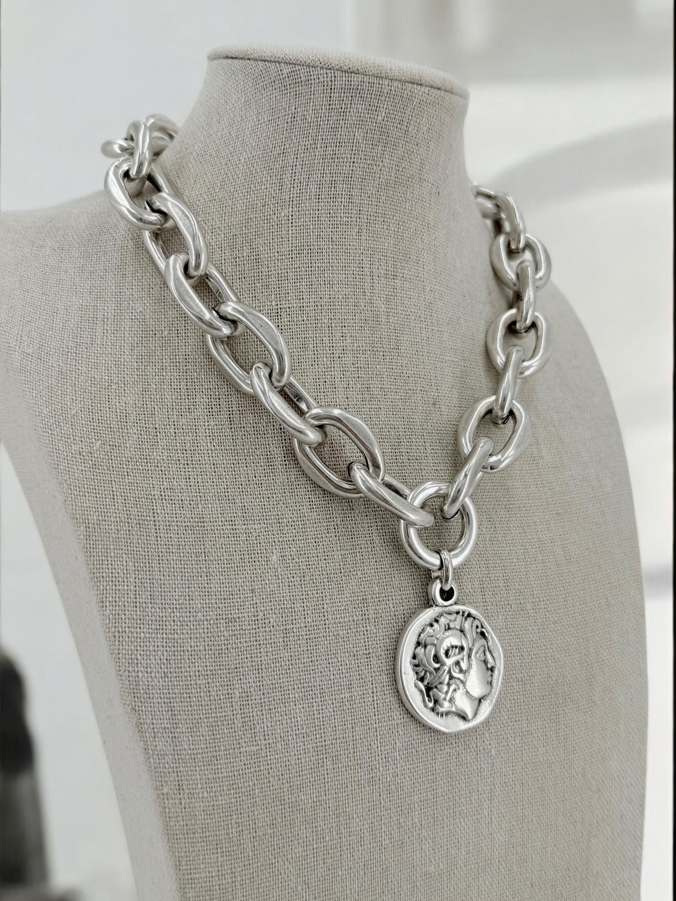 Chunky Silver Chain Necklace with statement Coin Pendant - lightweight edgy design