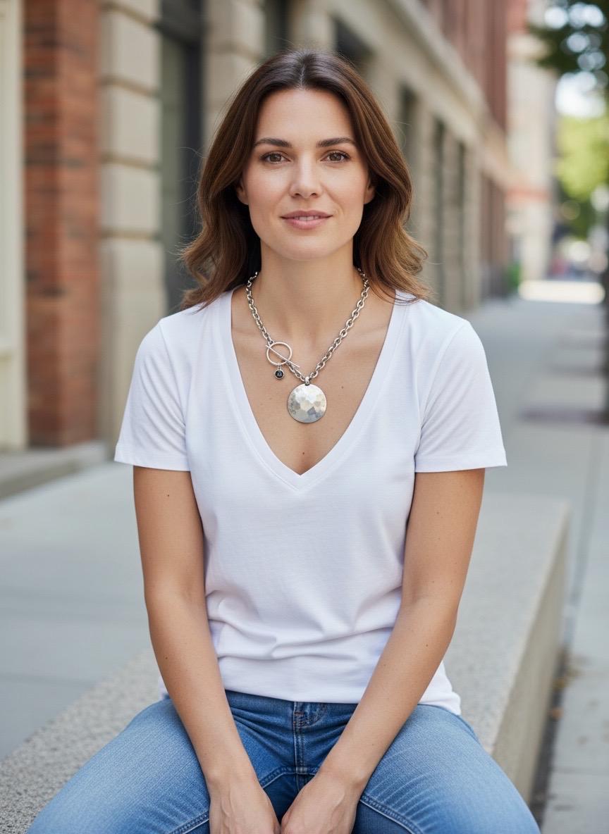 Chunky Hammered Disc pendant Necklace – Bold Silver Chain with Toggle Clasp & Swarovski Charm – Sculptural Statement Jewelry, gift for her