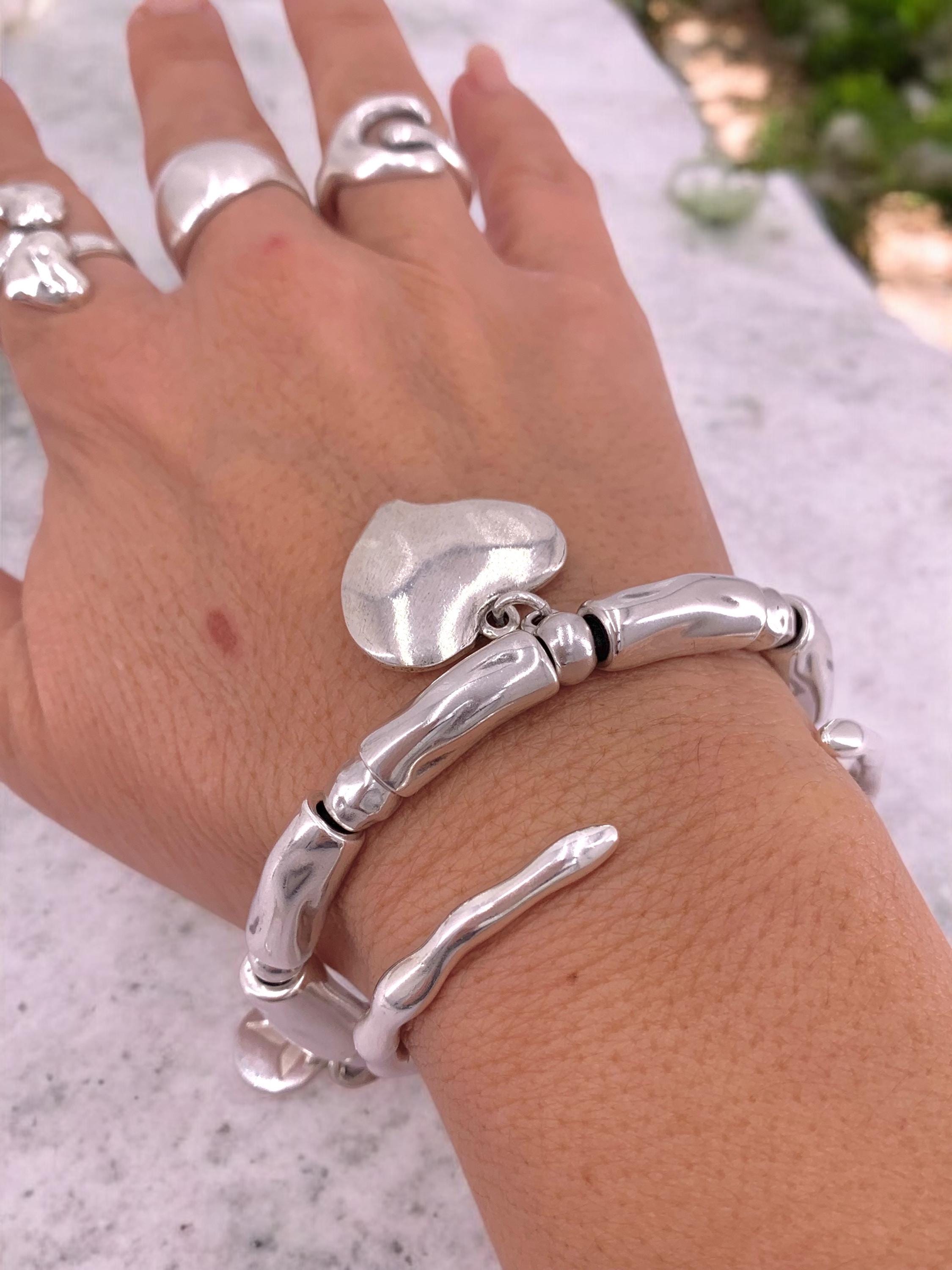 Chunky Silver heart pendant bracelet, bold charm cuff- handmade custom jewelry
