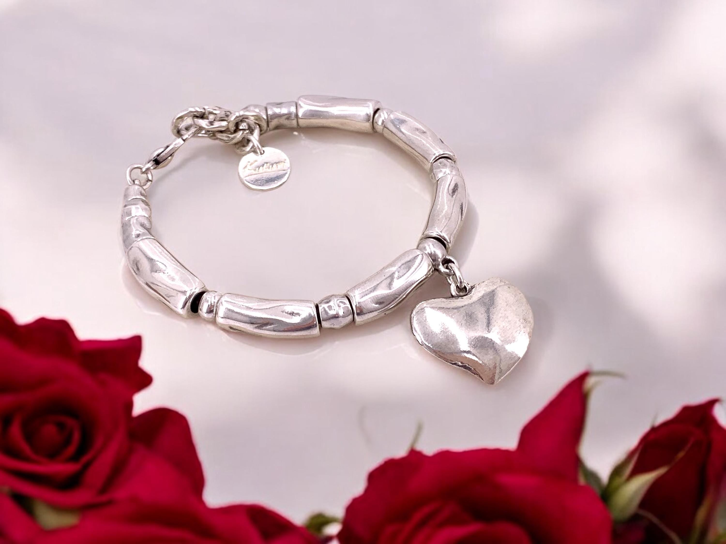 Chunky Silver heart pendant bracelet, bold charm cuff- handmade custom jewelry