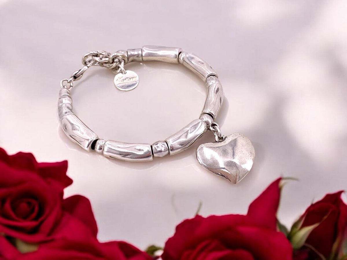 Chunky Silver heart pendant bracelet, bold charm cuff- handmade custom jewelry