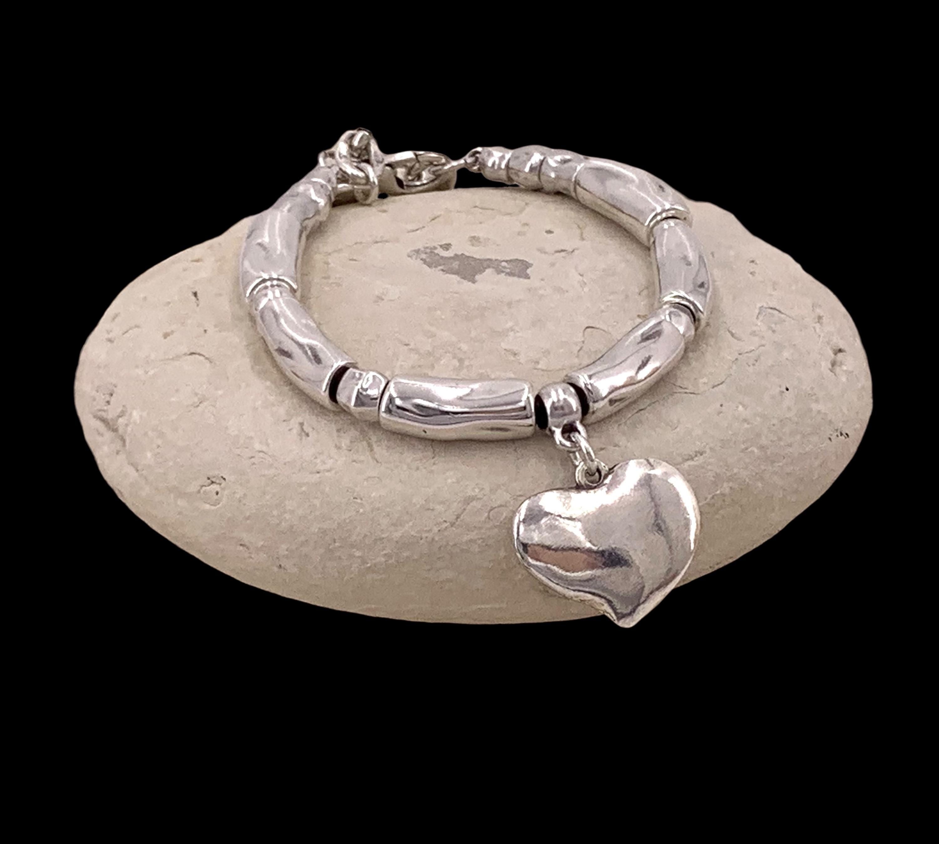 Chunky Silver heart pendant bracelet, bold charm cuff- handmade custom jewelry