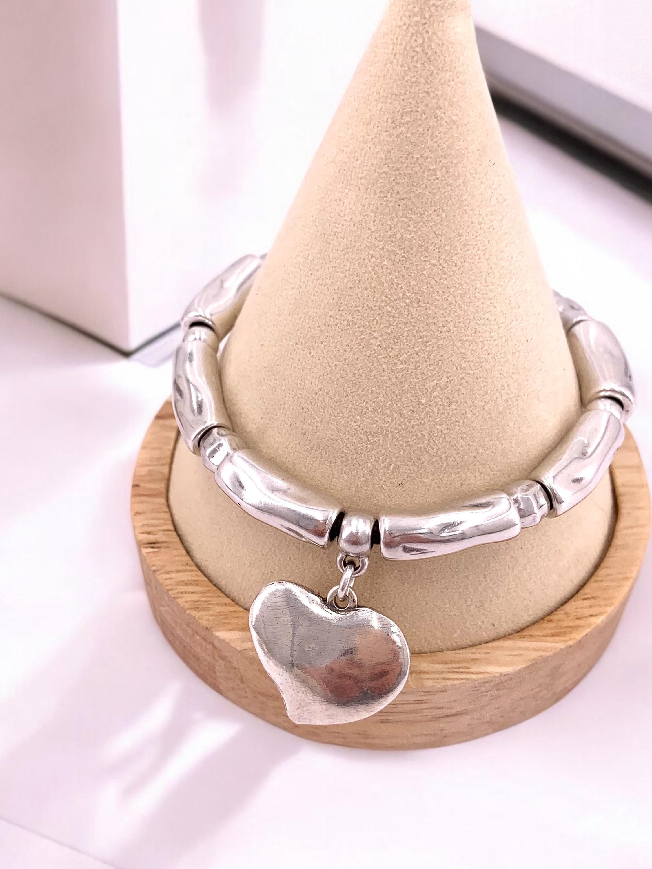 Chunky Silver heart pendant bracelet, bold charm cuff- handmade custom jewelry