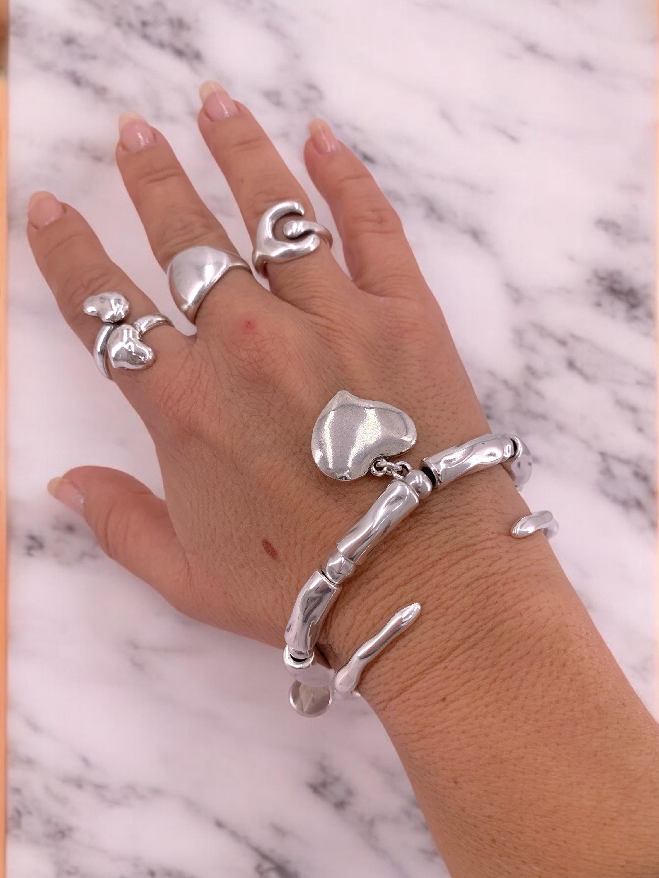 Chunky Silver heart pendant bracelet, bold charm cuff- handmade custom jewelry