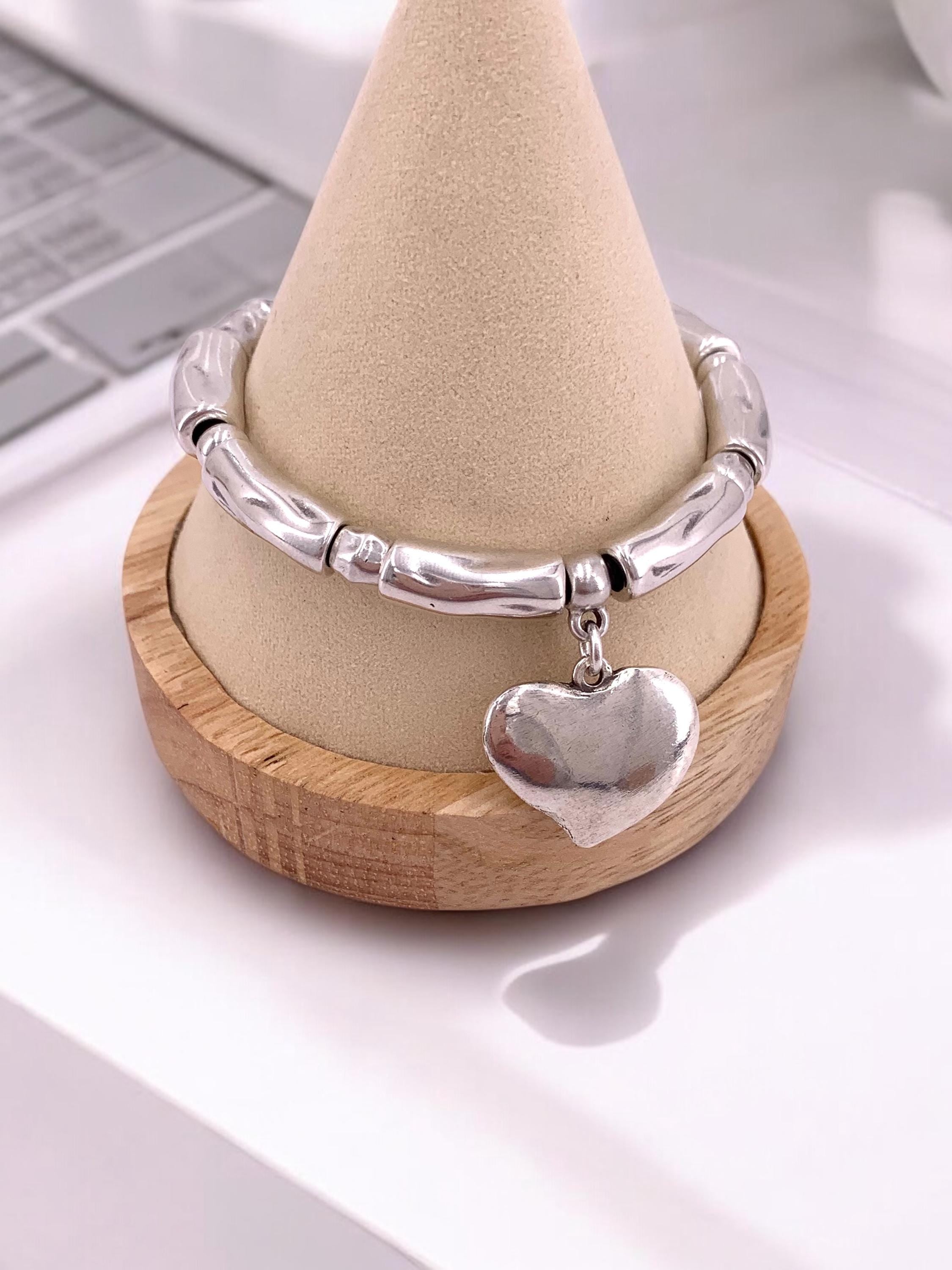 Chunky Silver heart pendant bracelet, bold charm cuff- handmade custom jewelry