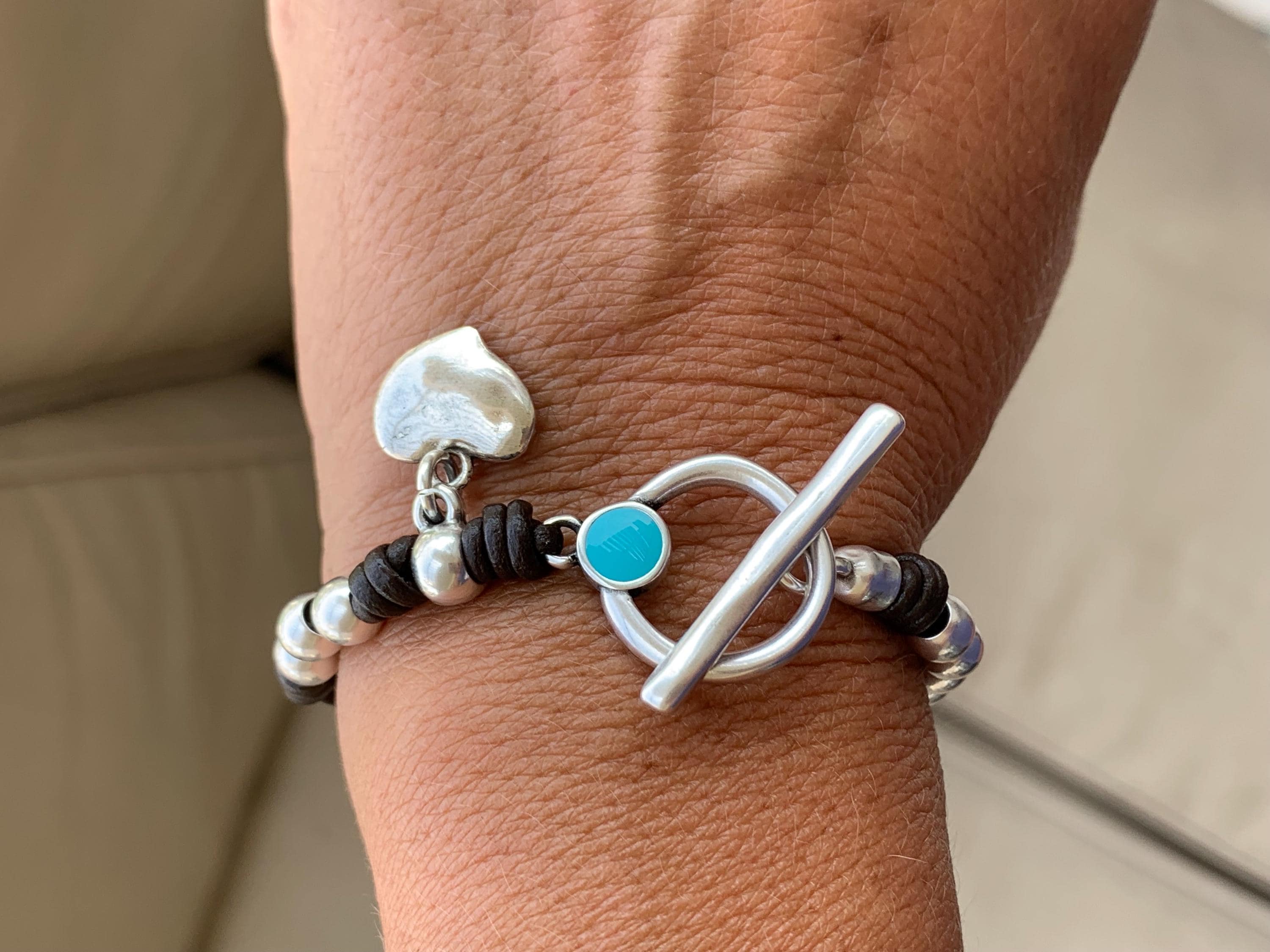 Bohemian Leather Bracelet with Heart Charm, Silver Beads & Turquoise Toggle Clasp, Custom Fit
