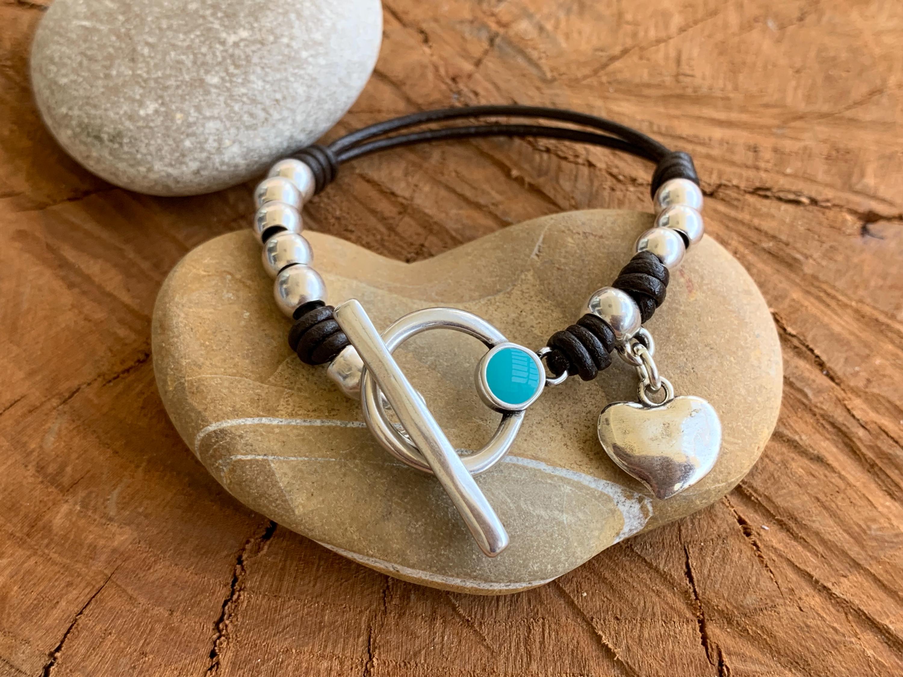 Bohemian Leather Bracelet with Heart Charm, Silver Beads & Turquoise Toggle Clasp, Custom Fit