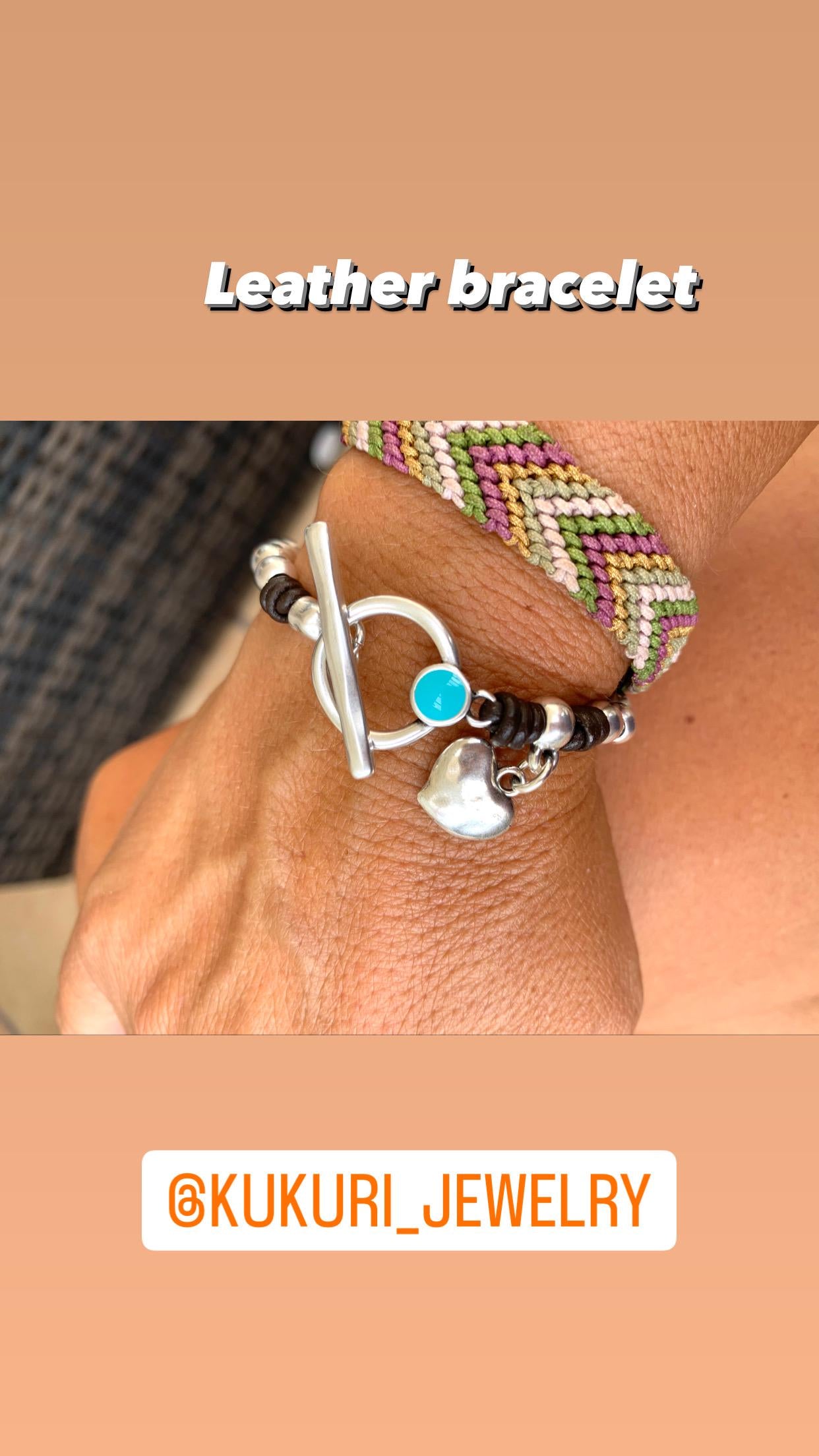 Bohemian Leather Bracelet with Heart Charm, Silver Beads & Turquoise Toggle Clasp, Custom Fit