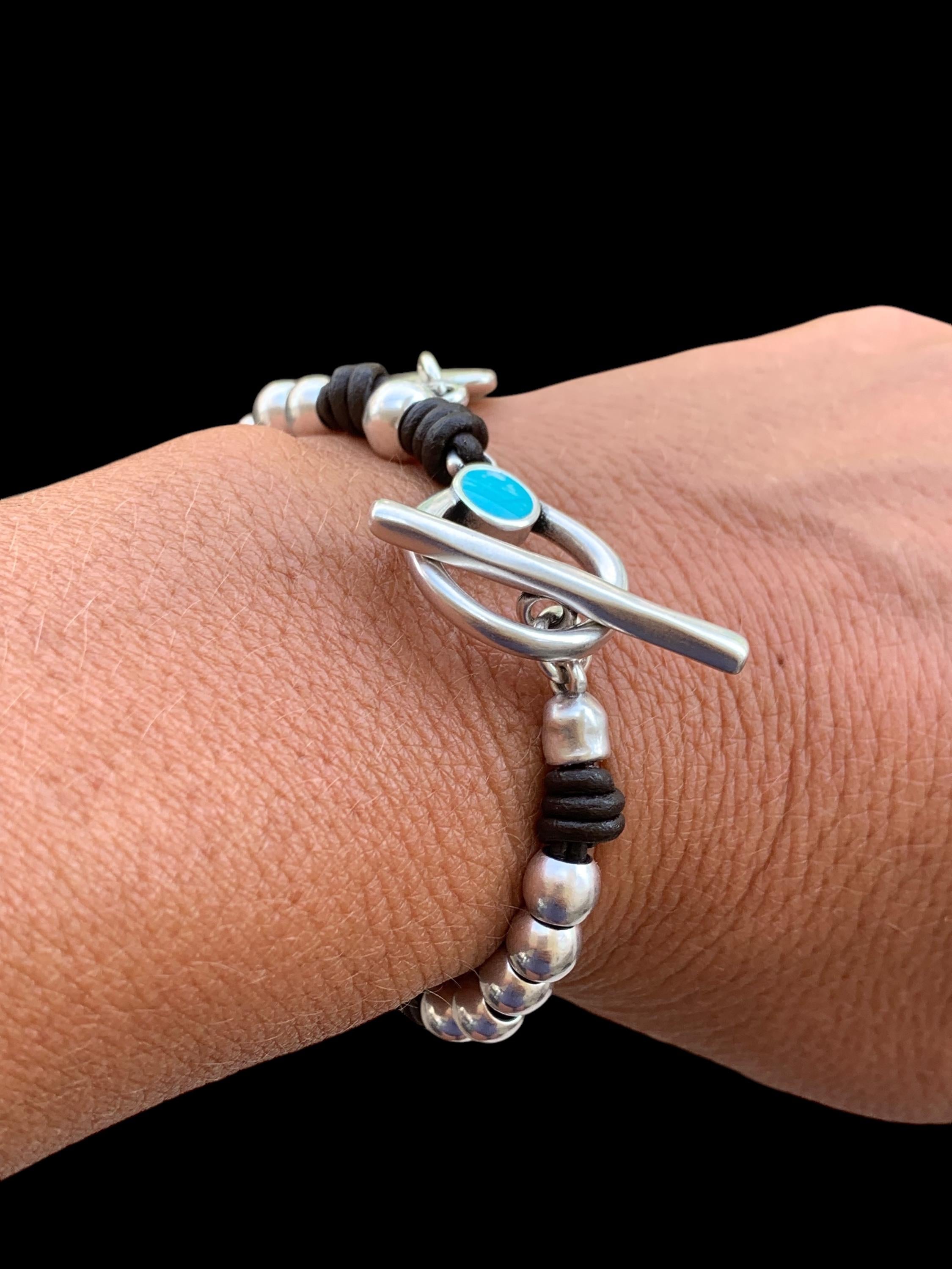Bohemian Leather Bracelet with Heart Charm, Silver Beads & Turquoise Toggle Clasp, Custom Fit