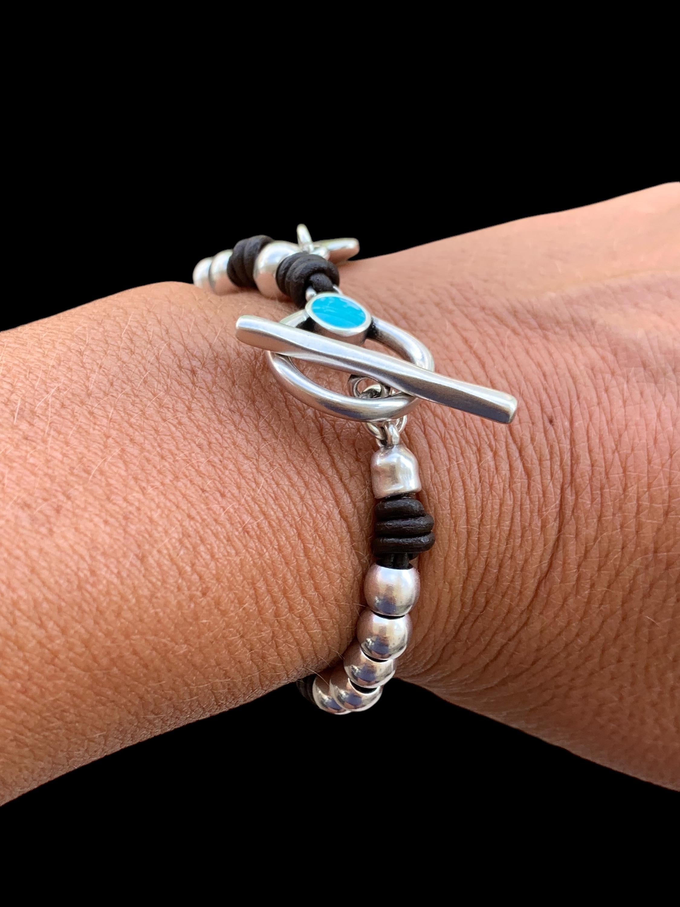 Bohemian Leather Bracelet with Heart Charm, Silver Beads & Turquoise Toggle Clasp, Custom Fit