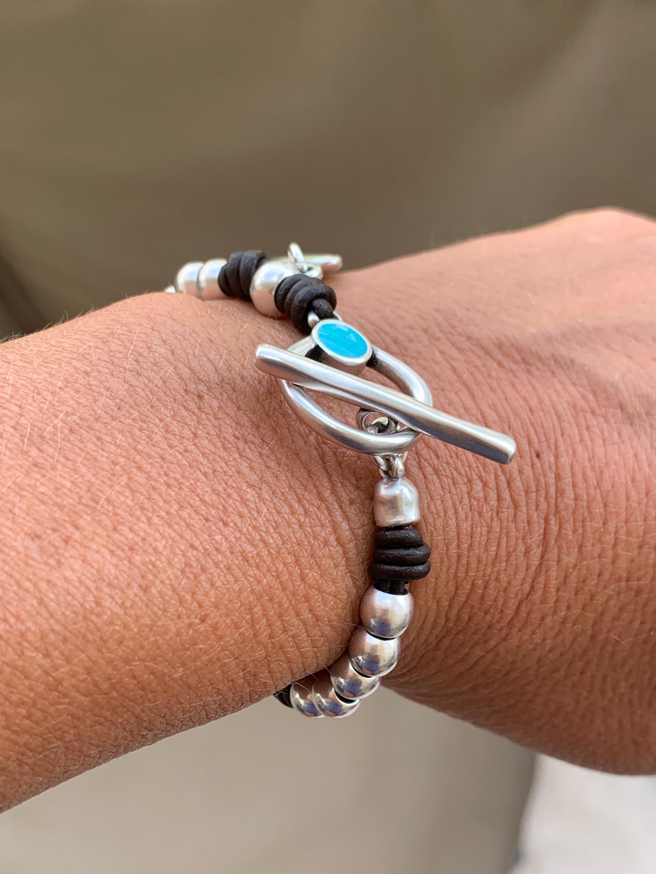 Bohemian Leather Bracelet with Heart Charm, Silver Beads & Turquoise Toggle Clasp, Custom Fit