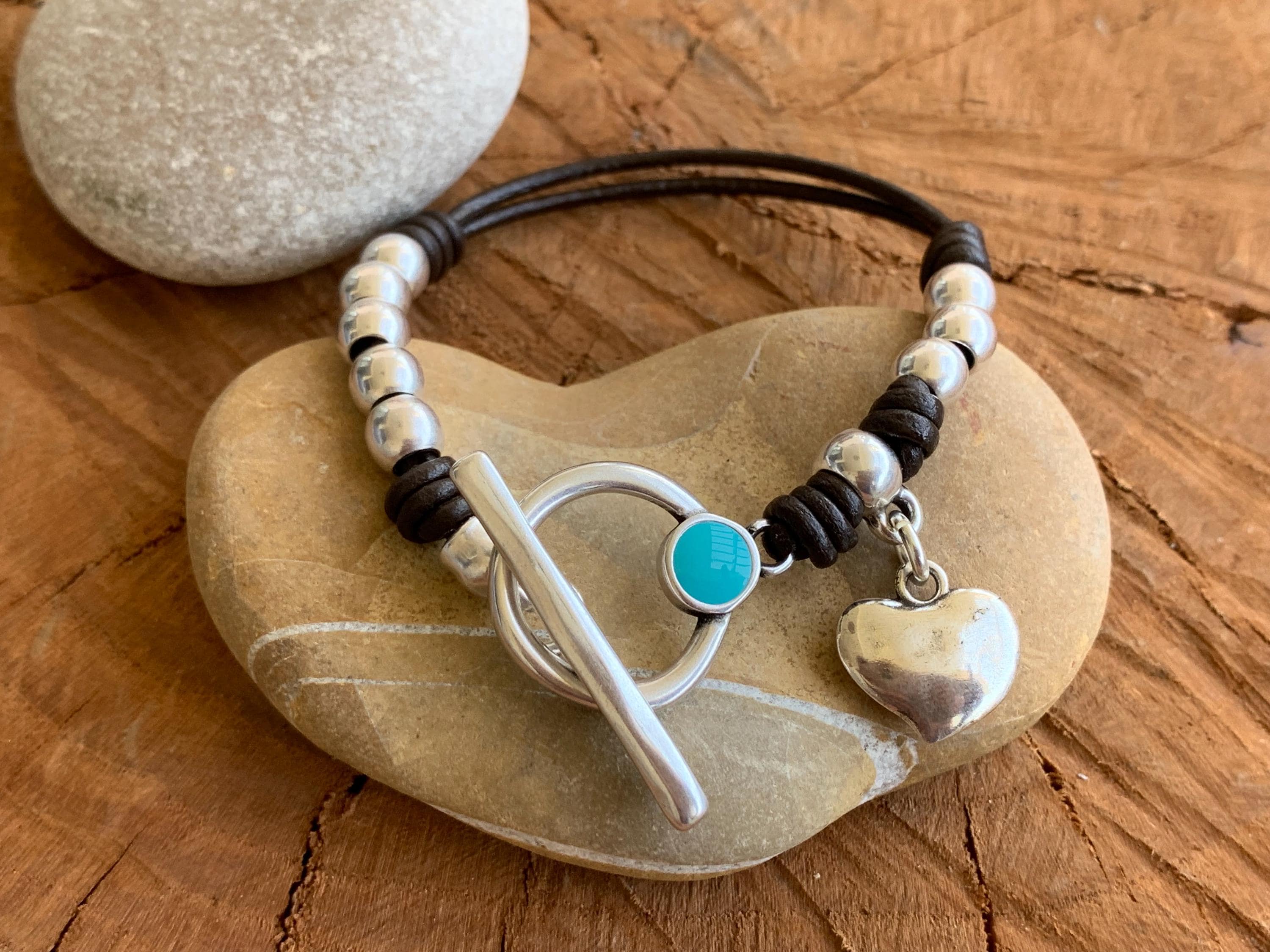 Bohemian Leather Bracelet with Heart Charm, Silver Beads & Turquoise Toggle Clasp, Custom Fit