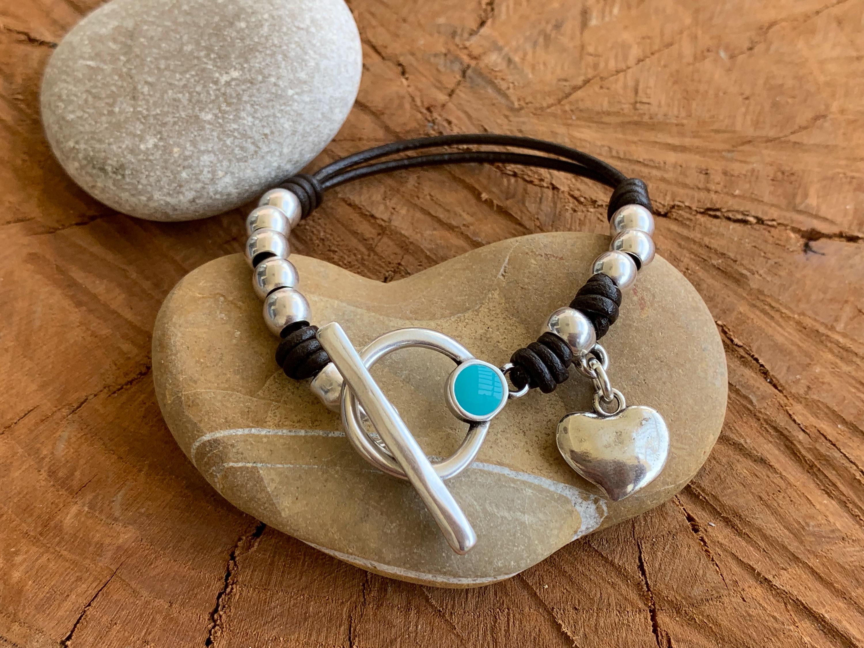 Bohemian Leather Bracelet with Heart Charm, Silver Beads & Turquoise Toggle Clasp, Custom Fit