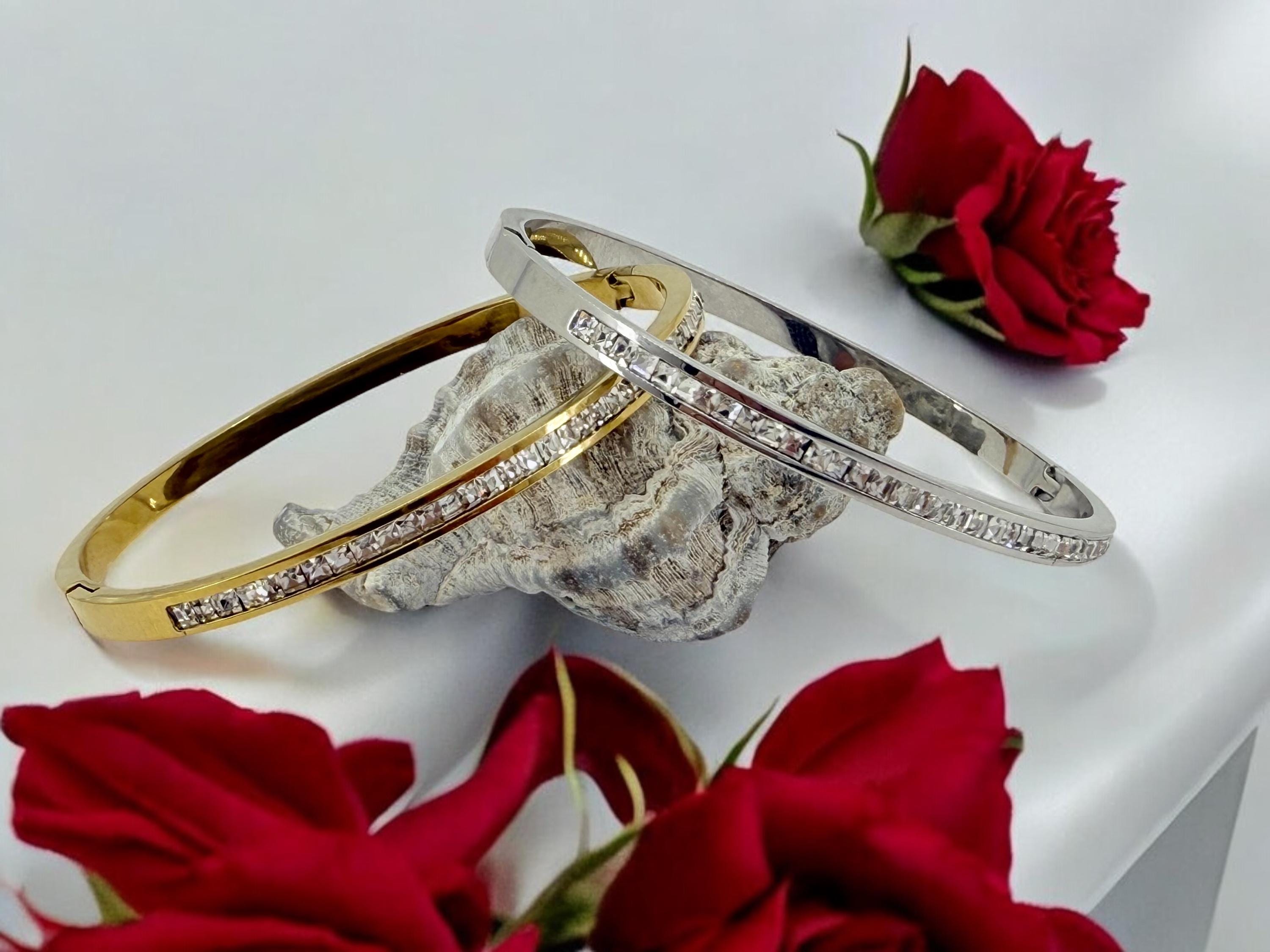 Vintage Inspired Bangle gold or silver finished with Zirconia, Rigid Cuff Bracelet