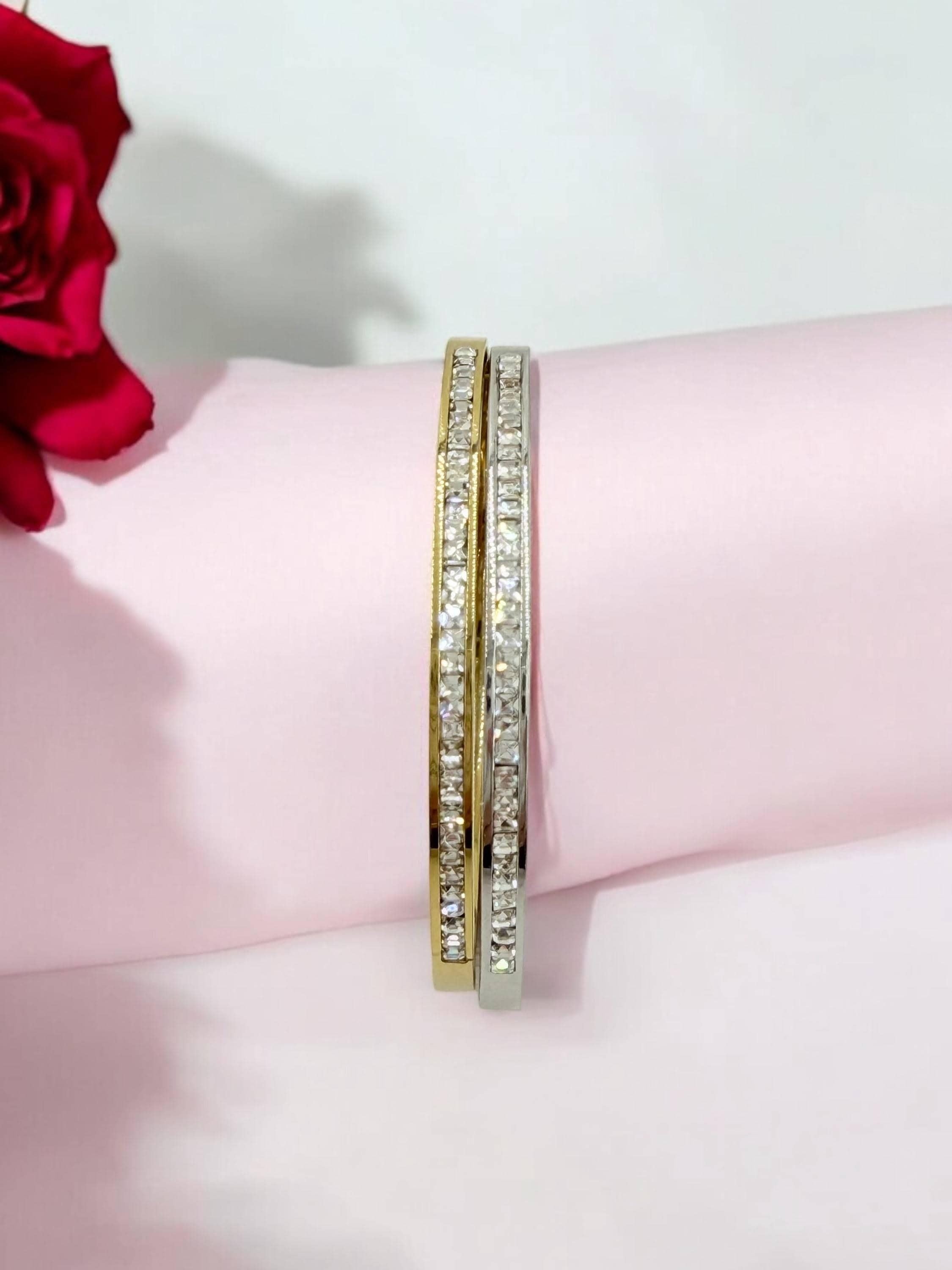 Vintage Inspired Bangle gold or silver finished with Zirconia, Rigid Cuff Bracelet
