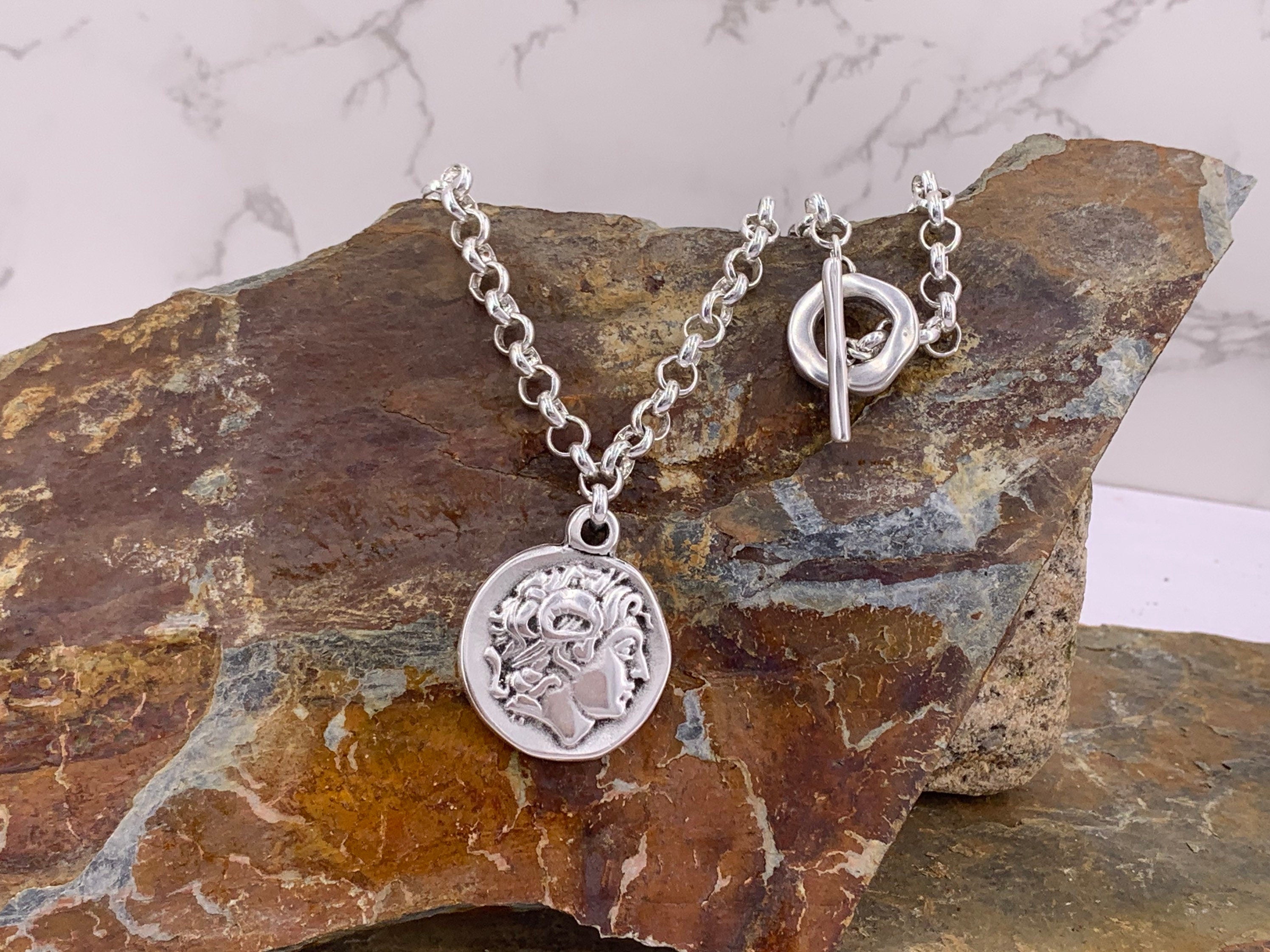 Artisian Silver plated chunky chain coin pendant toggle clasp necklace