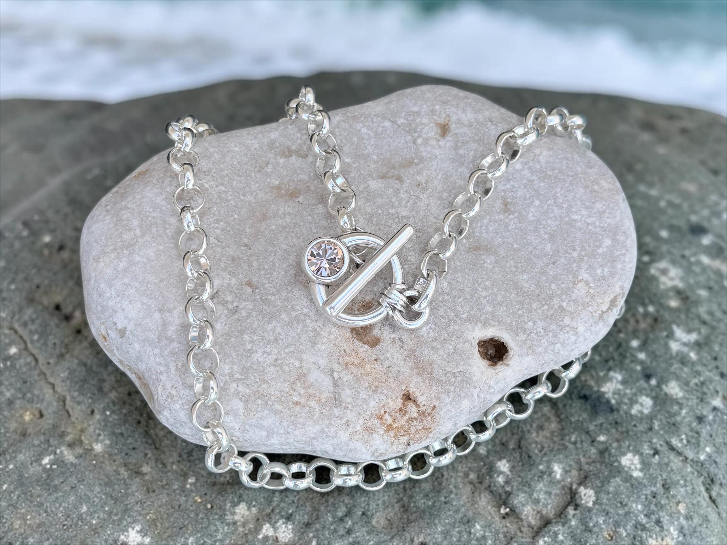 Chunky chain toggle clasp necklace with Swarovski accent- silver bold choker - edgy jewelry- Kukuri jewelry