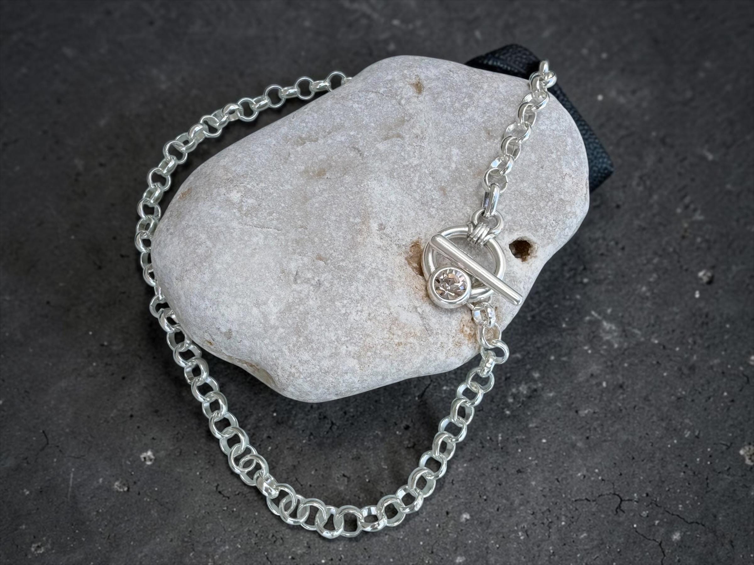 Chunky chain toggle clasp necklace with Swarovski accent- silver bold choker - edgy jewelry- Kukuri jewelry