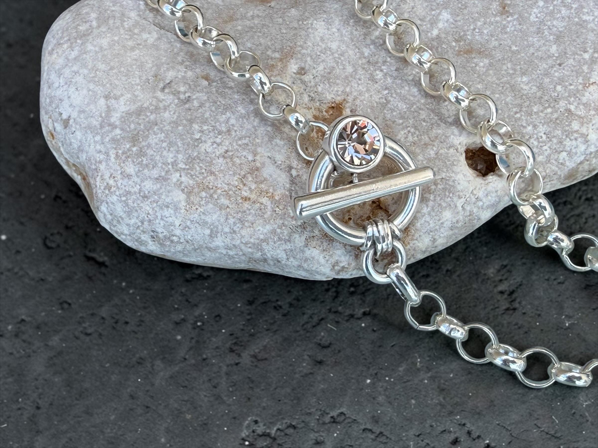 Chunky chain toggle clasp necklace with Swarovski accent- silver bold choker - edgy jewelry- Kukuri jewelry