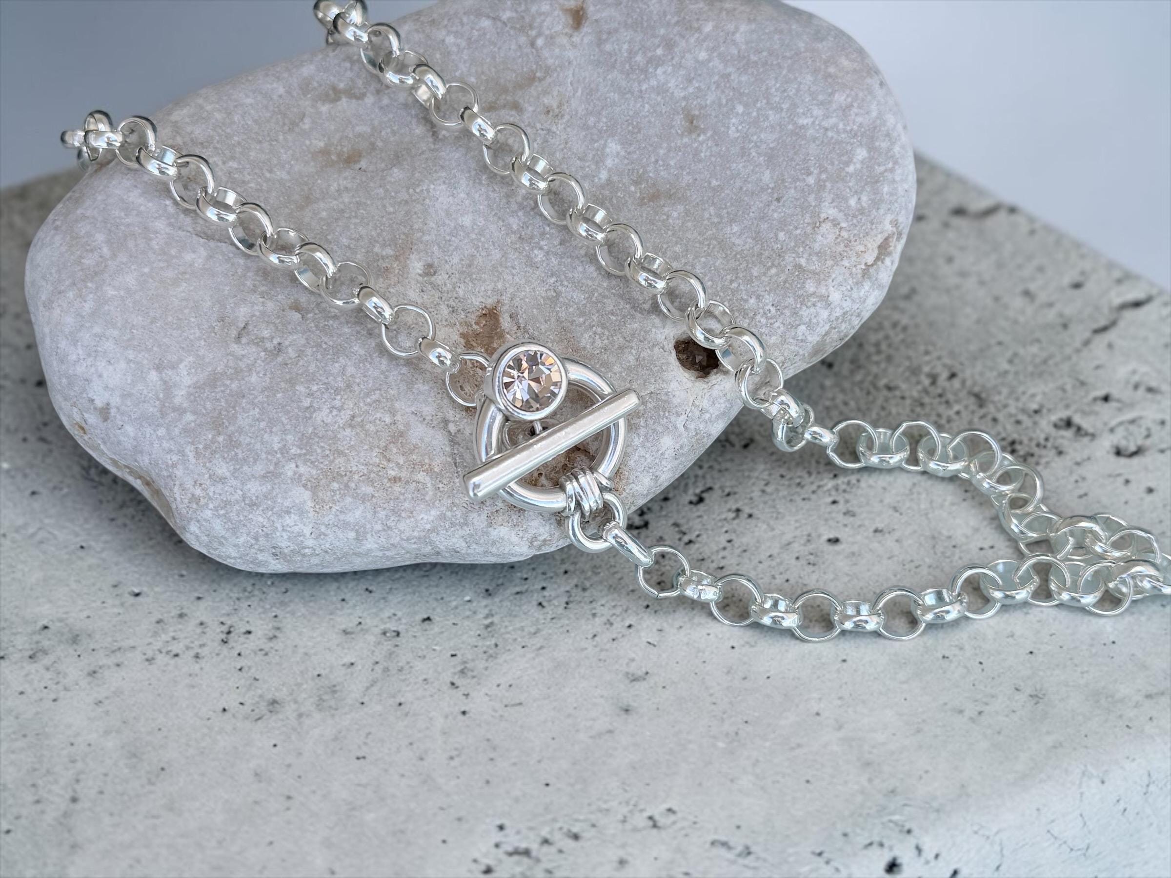 Chunky chain toggle clasp necklace with Swarovski accent- silver bold choker - edgy jewelry- Kukuri jewelry