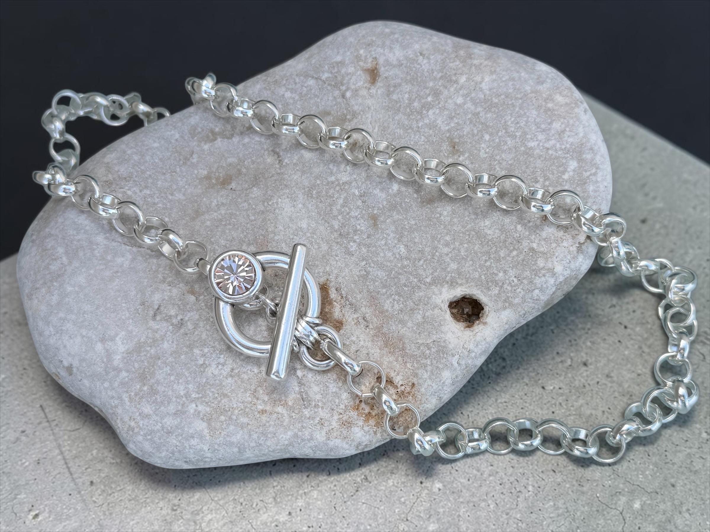 Chunky chain toggle clasp necklace with Swarovski accent- silver bold choker - edgy jewelry- Kukuri jewelry