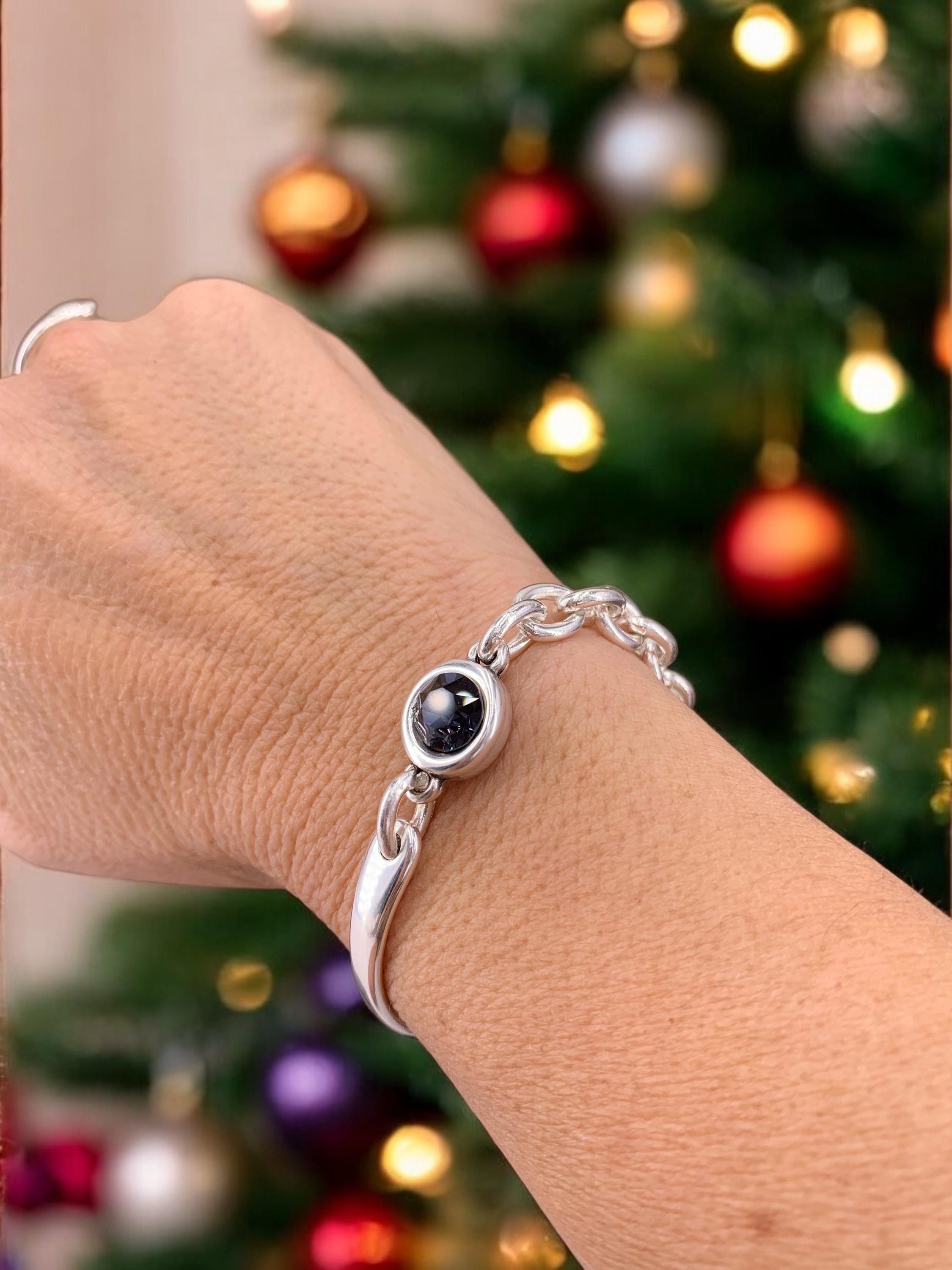 Chunky silver half cuff bracelet with chain and Swarovski conector, adjustable jewelry