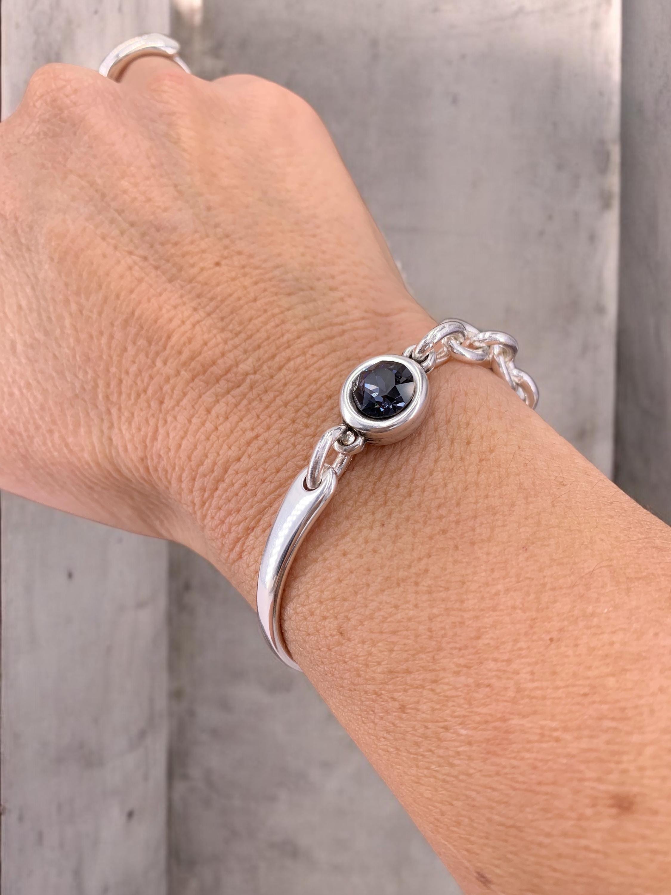 Chunky silver half cuff bracelet with chain and Swarovski conector, adjustable jewelry