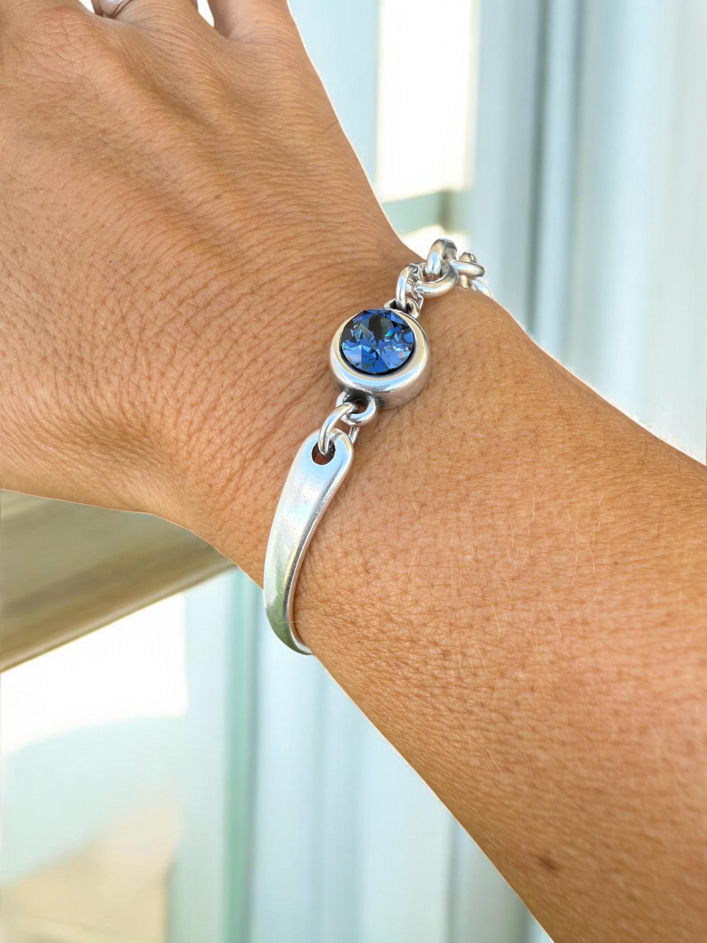 Chunky silver half cuff bracelet with chain and Swarovski conector, adjustable jewelry