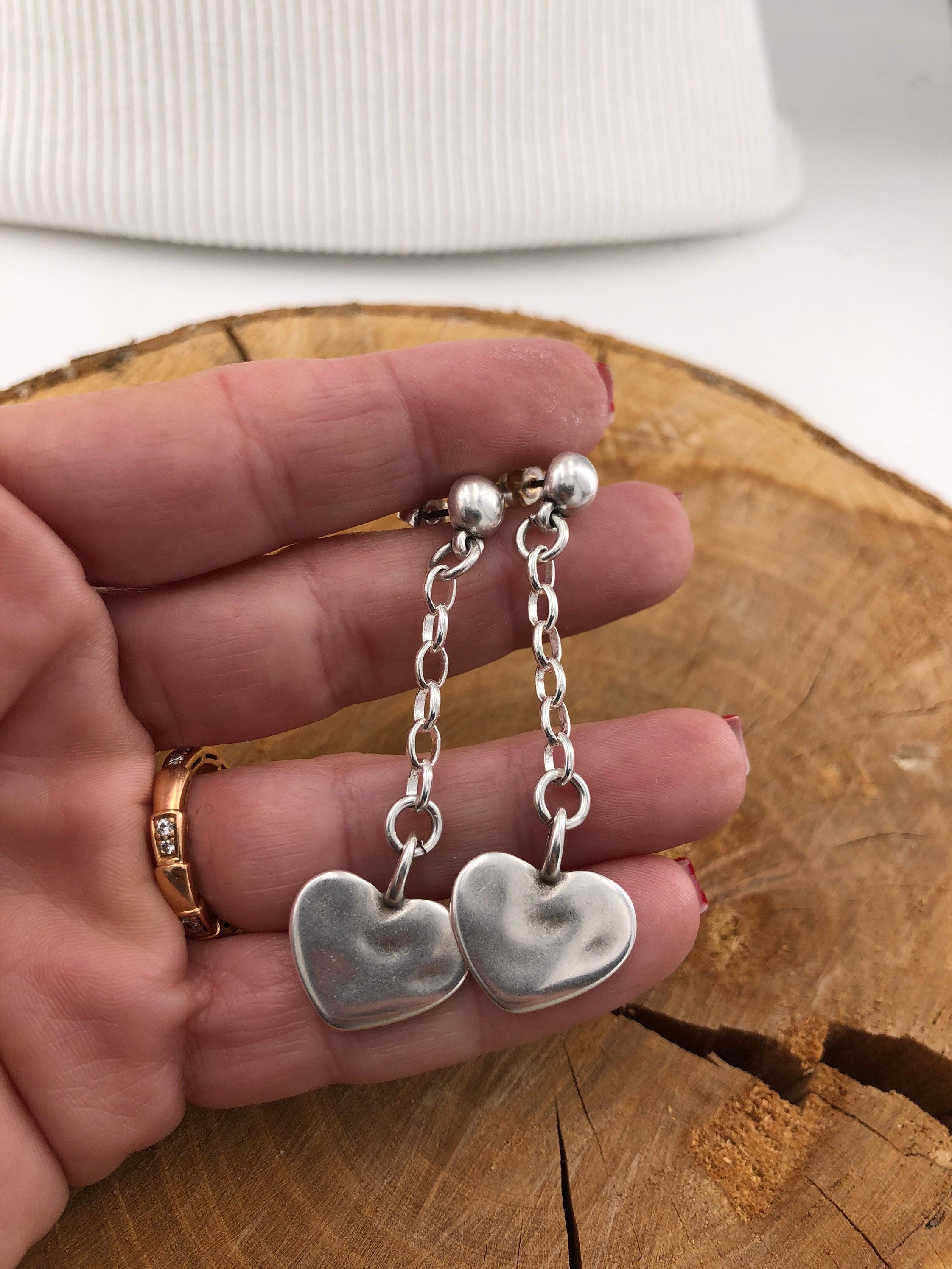 Silver Heart Chain Earrings, Romantic Boho Dangle, Handmade Kukuri Jewelry