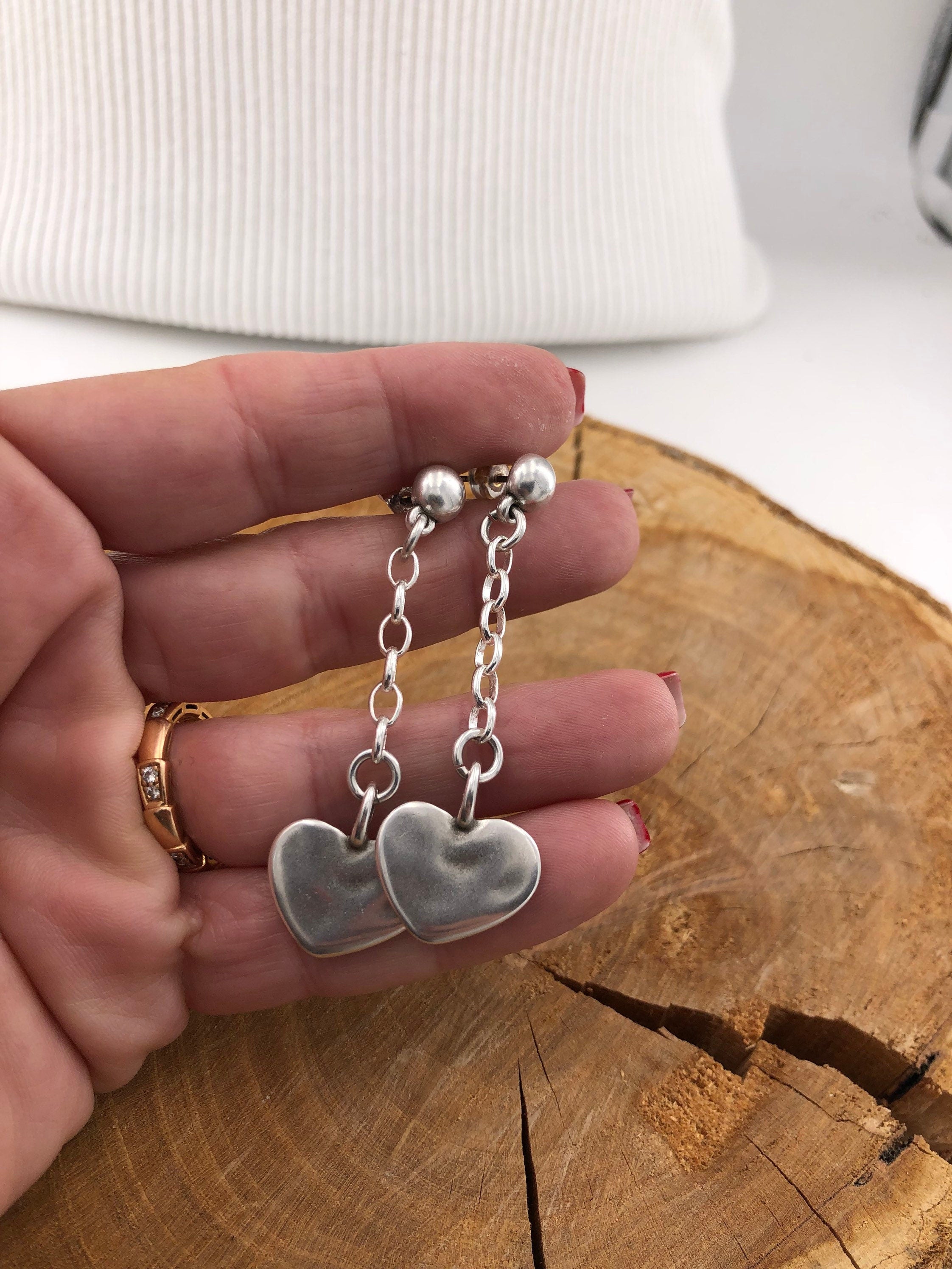Silver Heart Chain Earrings, Romantic Boho Dangle, Handmade Kukuri Jewelry